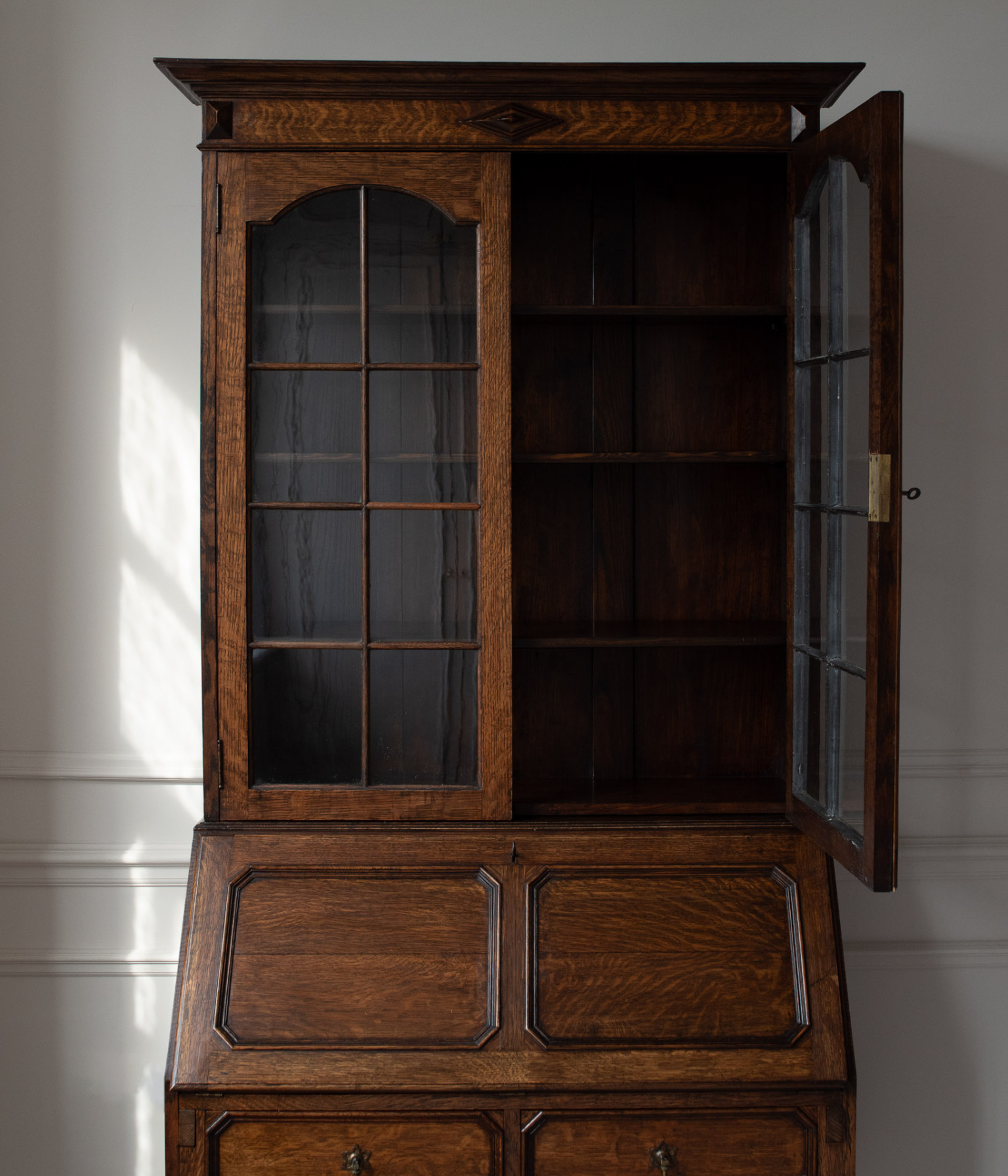 Antique Solid Oak Bureau Bookcase With Glazed Doors