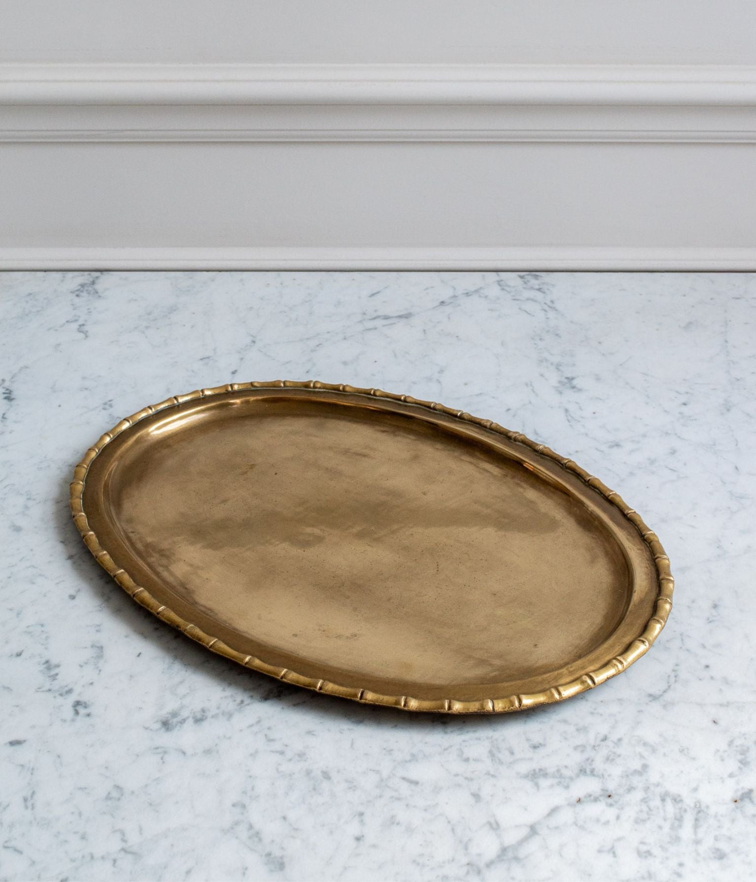 Mid-20th-Century Cast Brass Oval Tray with Bamboo-Moulded Rim
