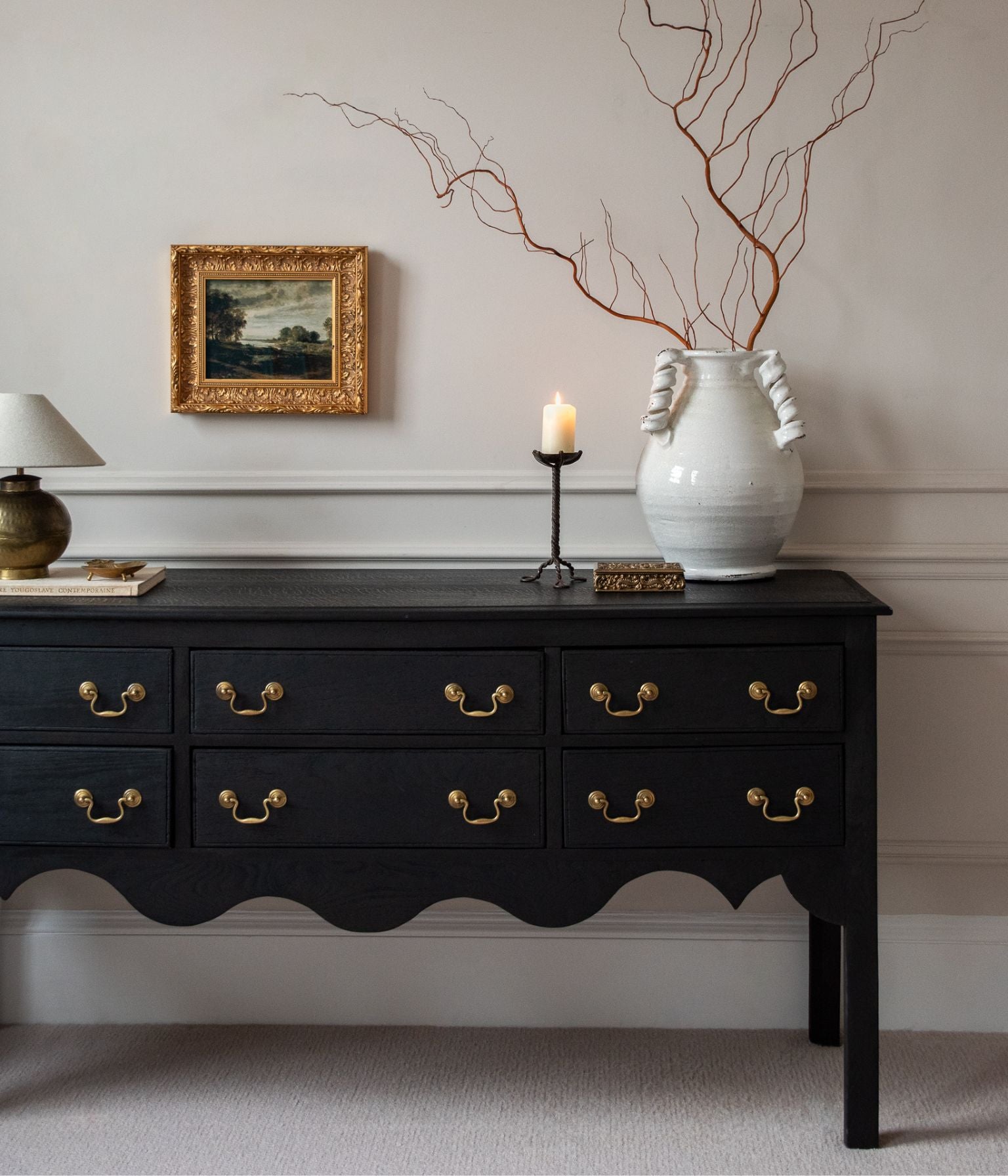 Antique Solid Oak Scalloped Credenza, Ebonised