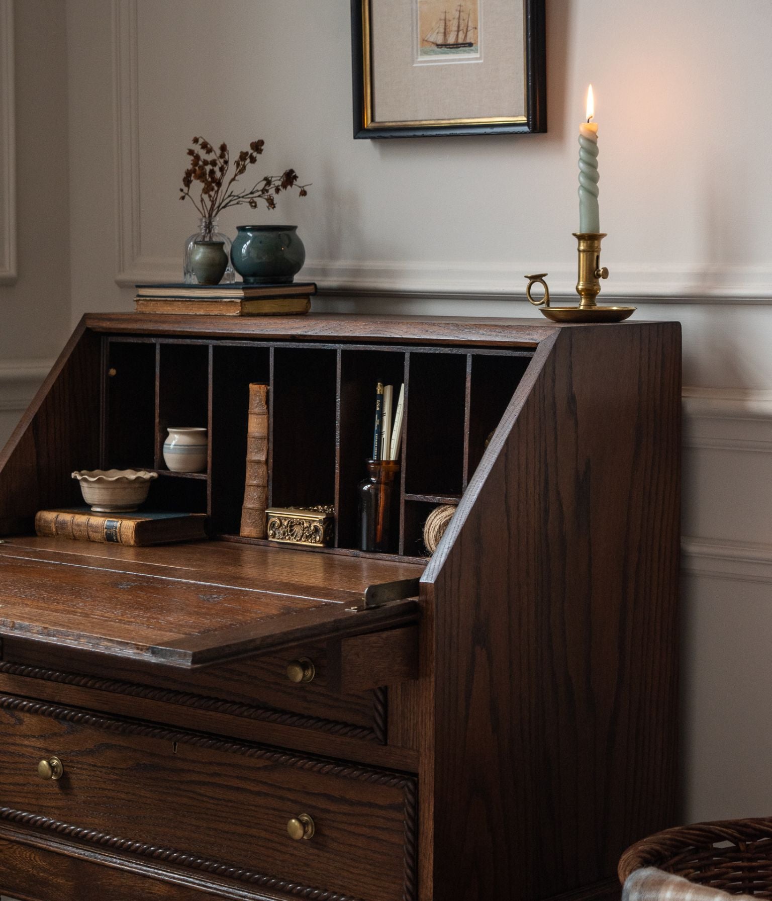 Antique Solid Oak Bureau With Rope Trim In Blend #41