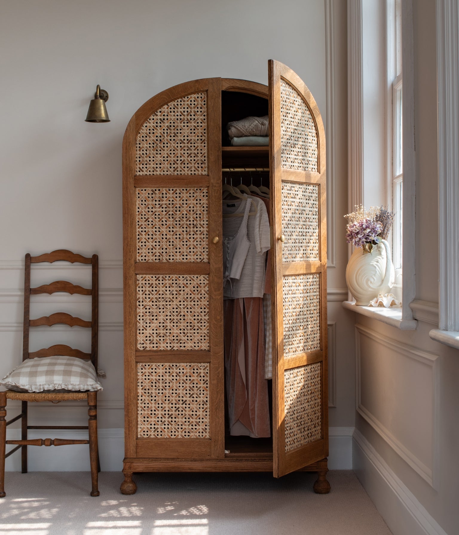 Vintage Oak Arched Wardrobe with Rattan Woven Doors In Blend #21