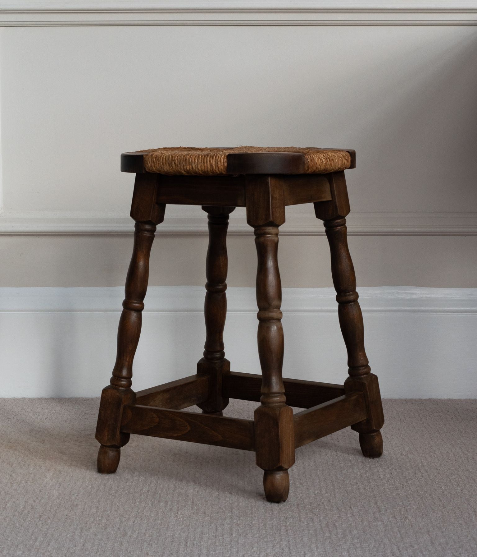 20th Century Beech Rush Seated Stool with Turned Legs