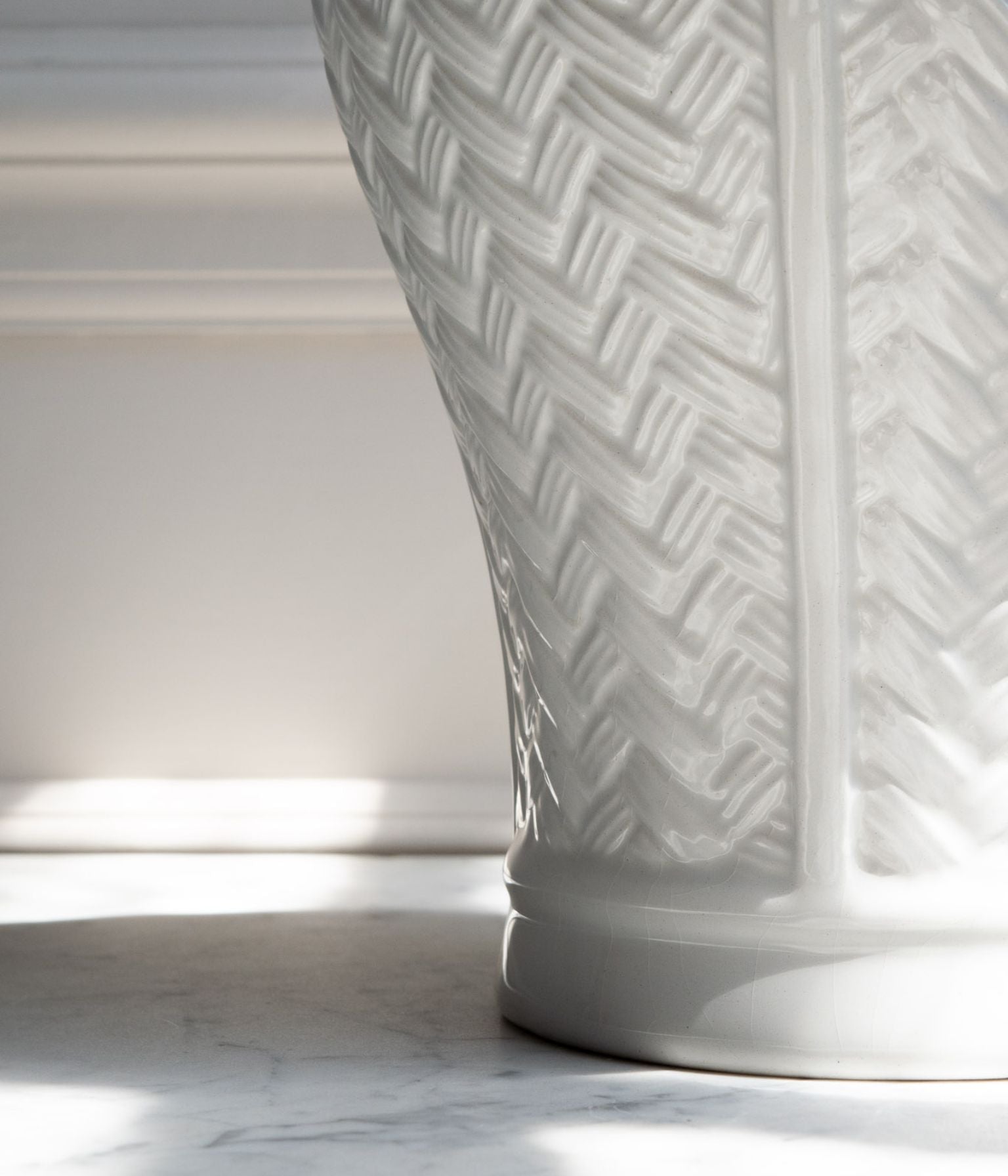 Vintage White Glazed Vase with Raised Woven Detailing