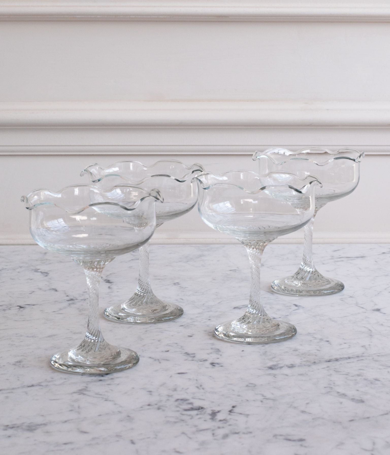 Set of Four Vintage Glass Dessert Coupes with Petal Rim and Twisted Stem