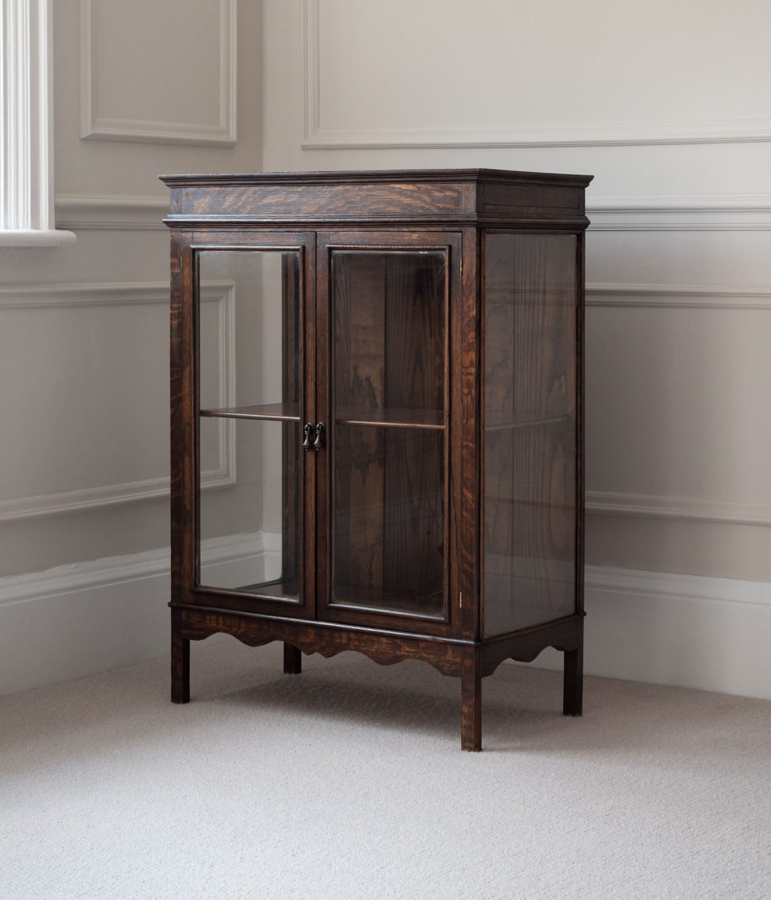 Antique Oak Display Cabinet with Original Glazing and Scalloped Apron