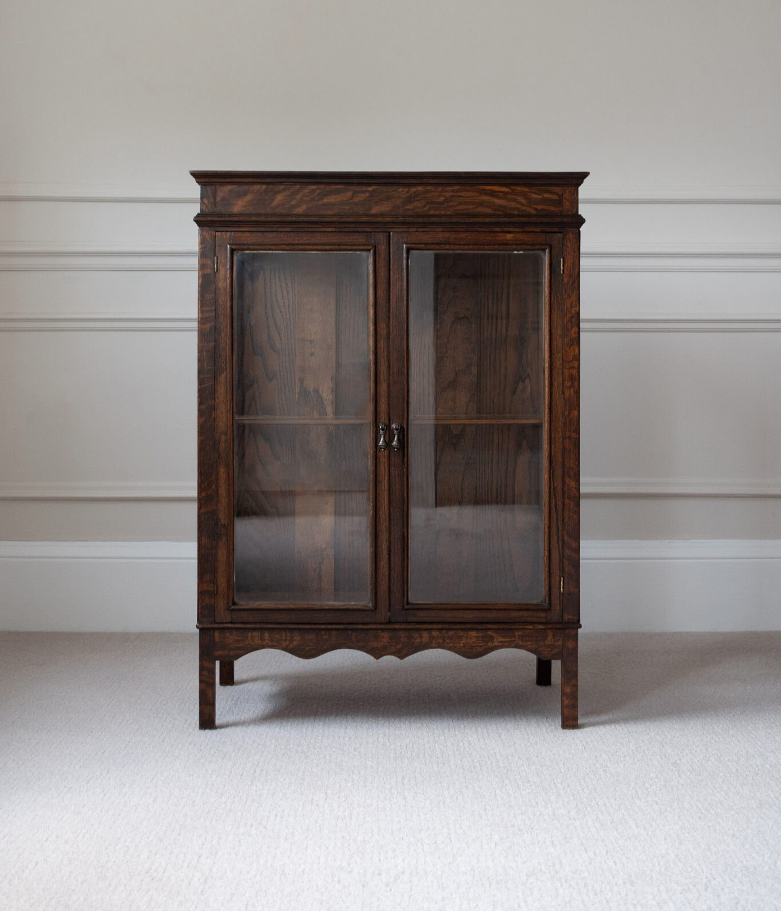 Antique Oak Display Cabinet with Original Glazing and Scalloped Apron