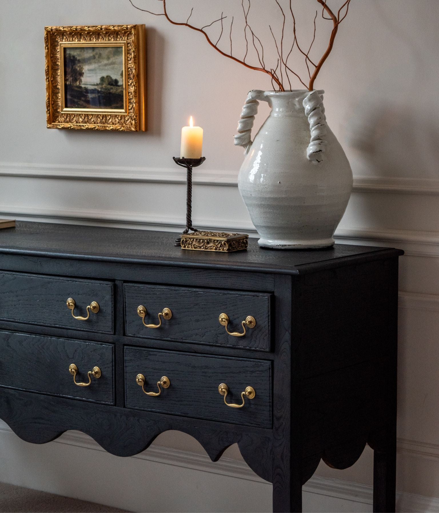 Antique Solid Oak Scalloped Credenza, Ebonised