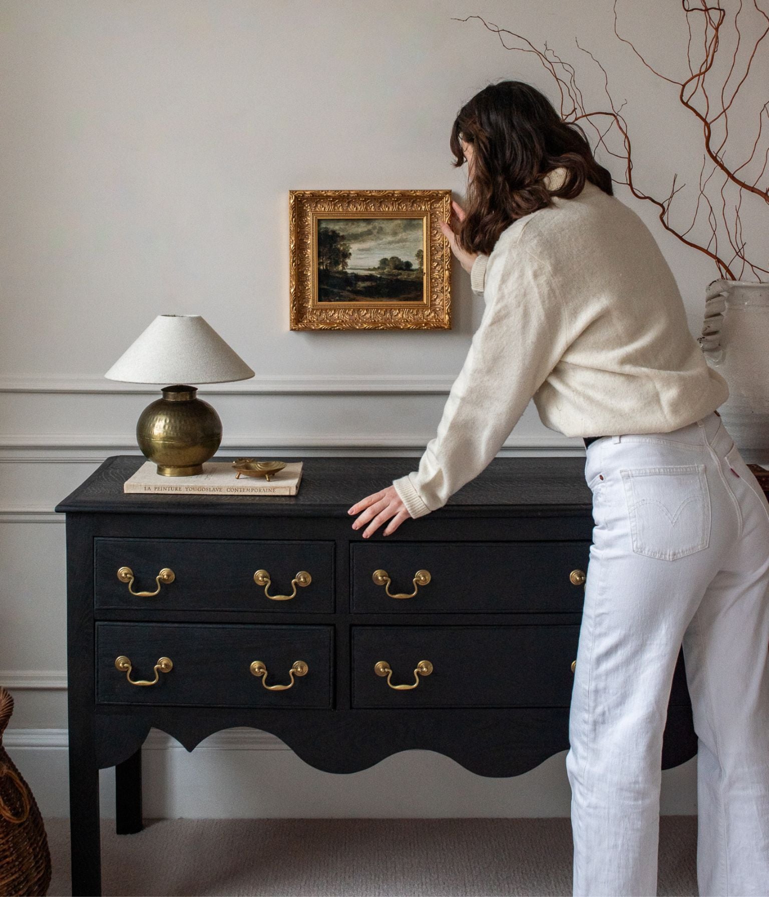 Antique Solid Oak Scalloped Credenza, Ebonised