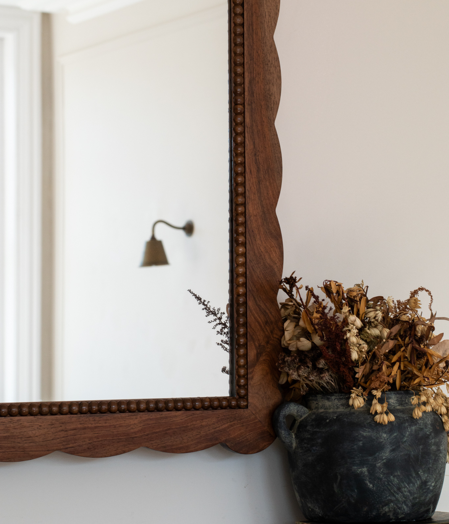 Santiago Scalloped Mirror - Medium Size | Bobbin Trim | English Walnut - Walnut Blend