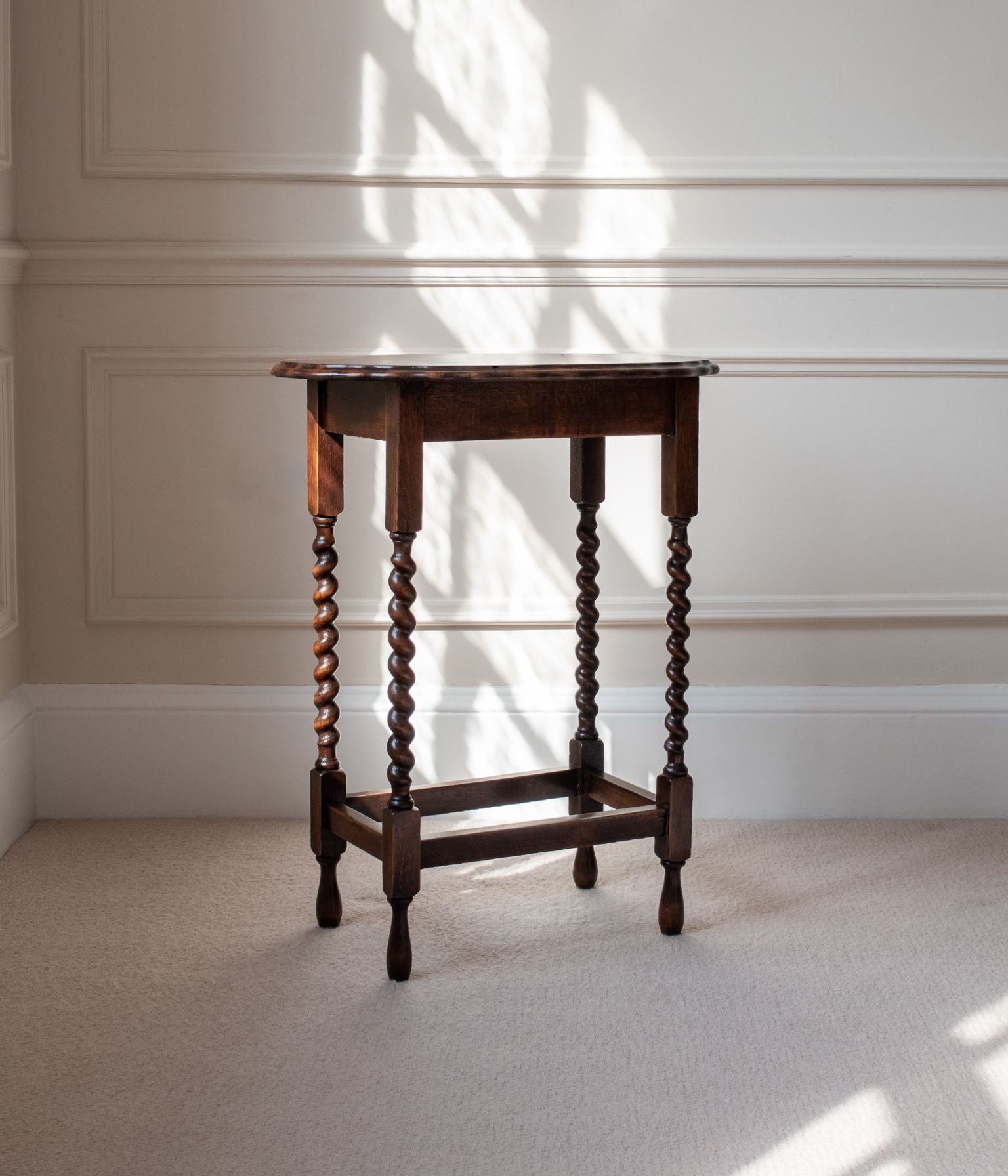 Antique Oak Barley Twist Side Table with a Scalloped Oval Top