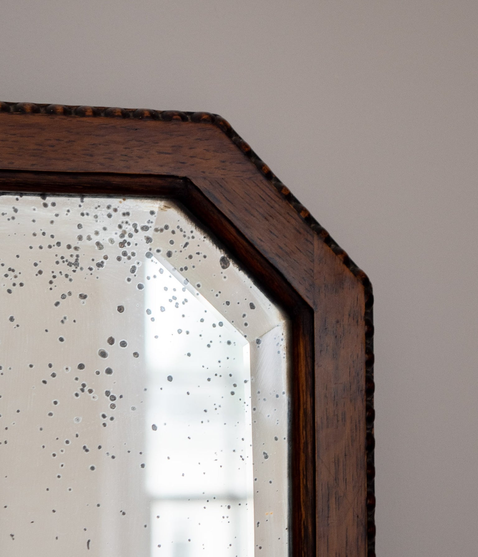Antique Oak Wall Mirror with Chamfered Corners and Bobbin Frame