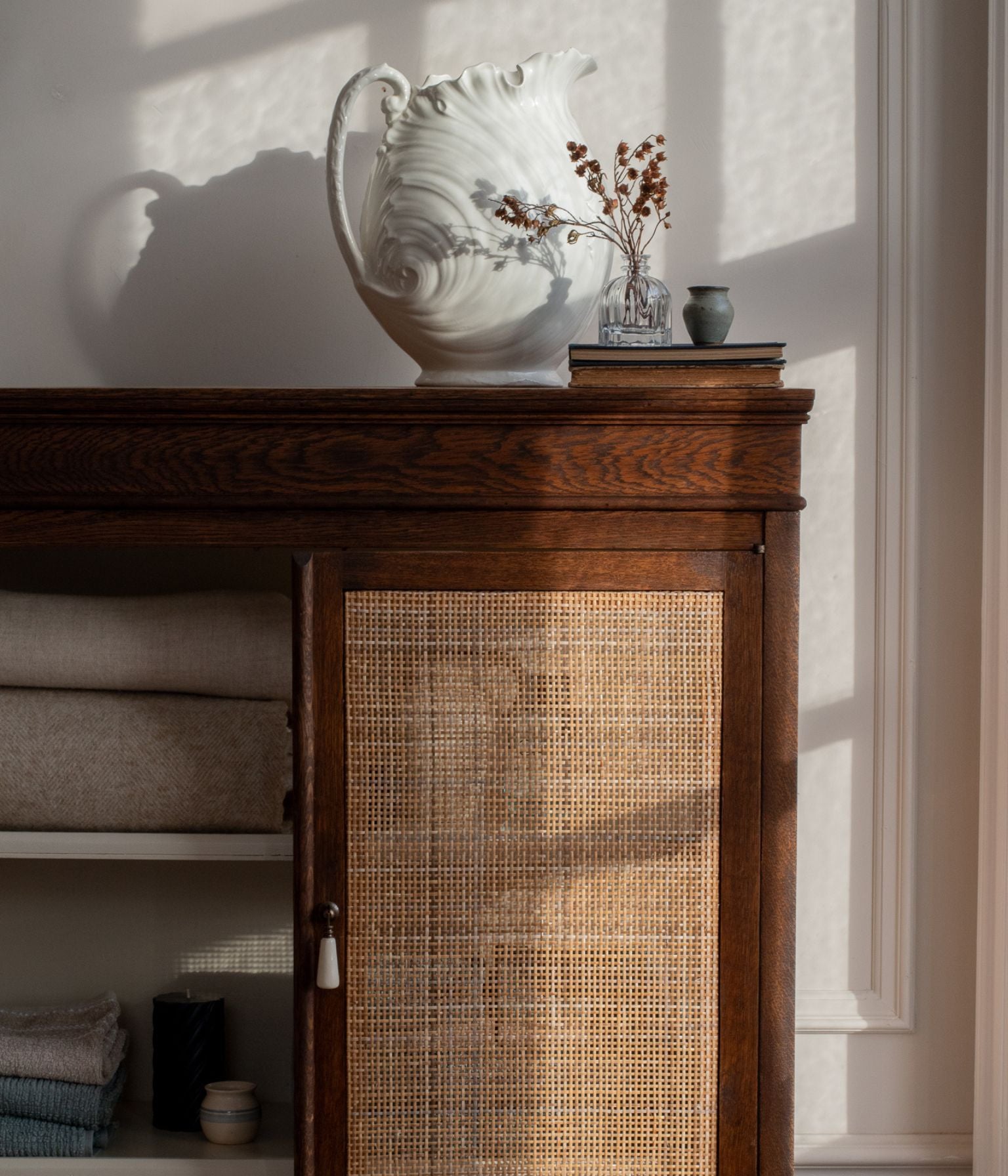 Antique Solid Oak Cabinet In Blend #41 with Hand Woven Cane Doors