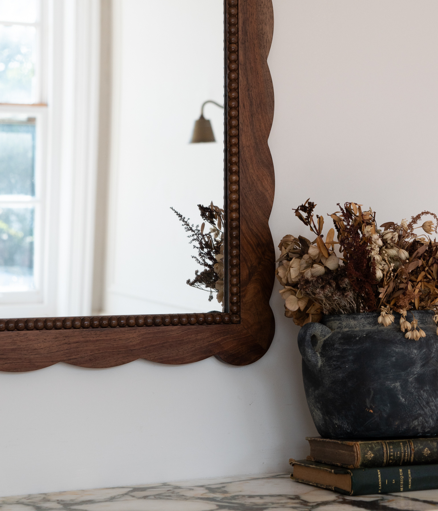 Santiago Scalloped Mirror - Medium Size | Bobbin Trim | English Walnut - Walnut Blend