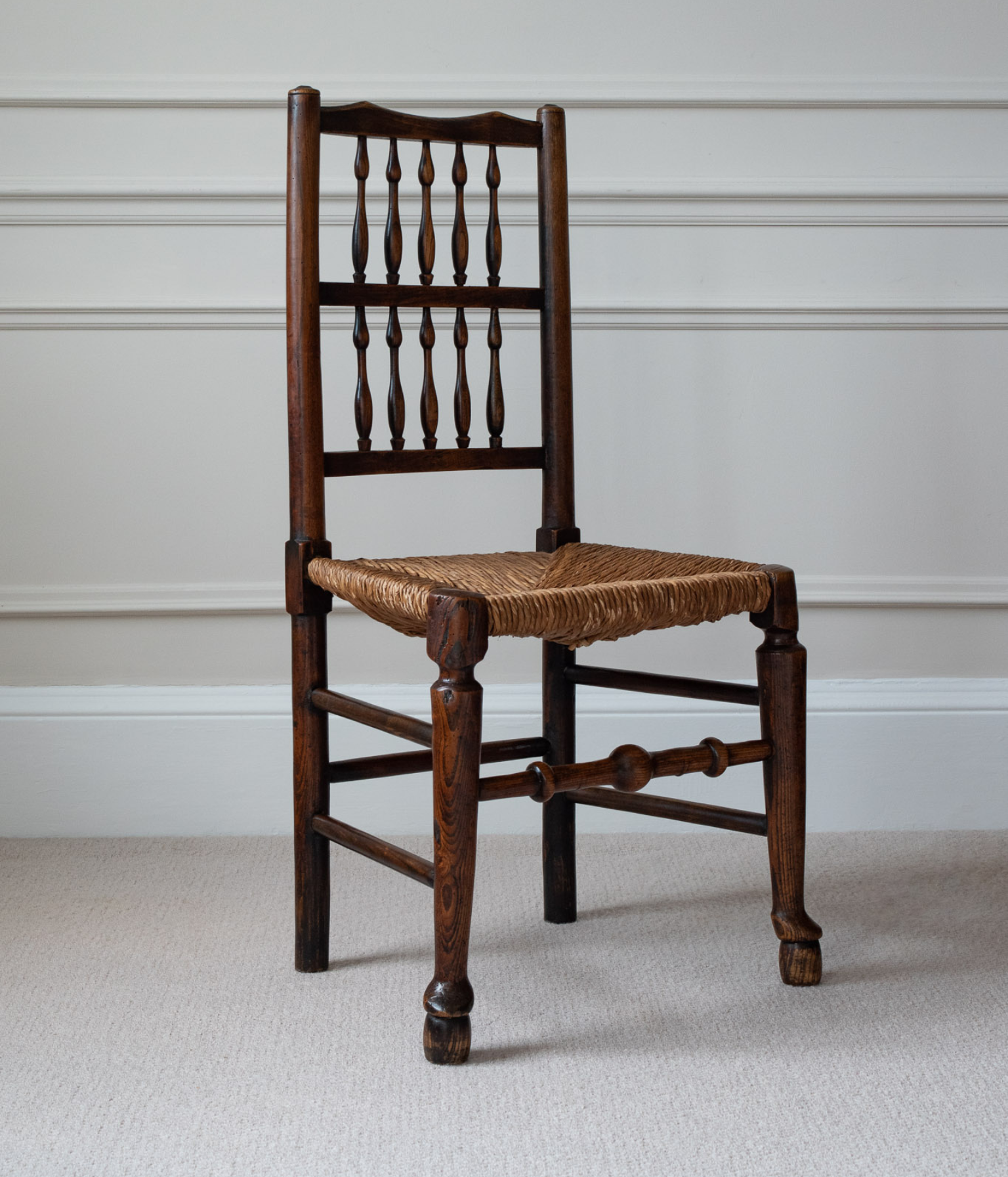 19th-Century Rush-Seated Spindle-Back Chair in Oak