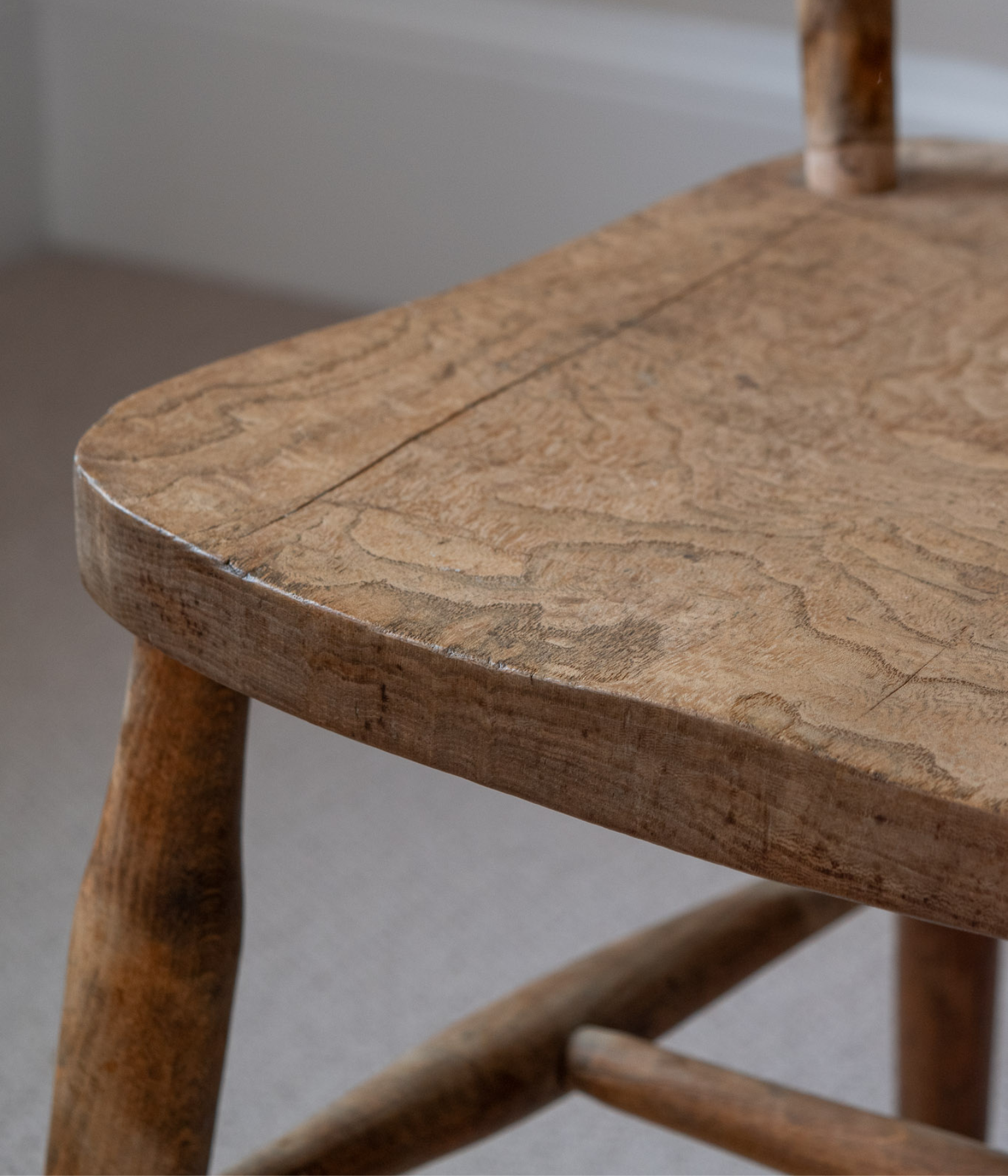 Rustic 19th-Century Stickback Side Chair in Raw Elm and Beech