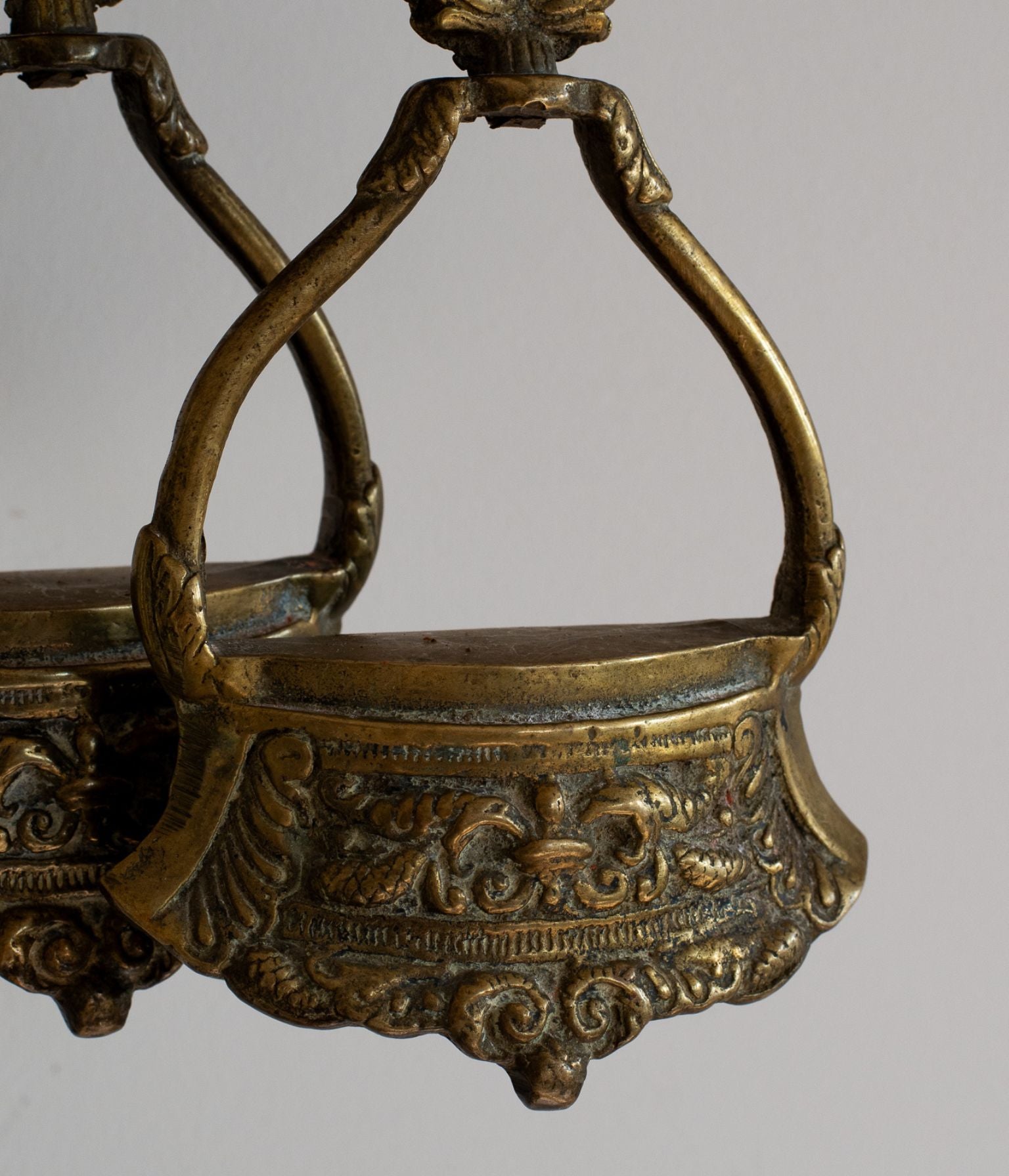 19th Century Pair of Ornate Brass Stirrups with Original Leather Straps