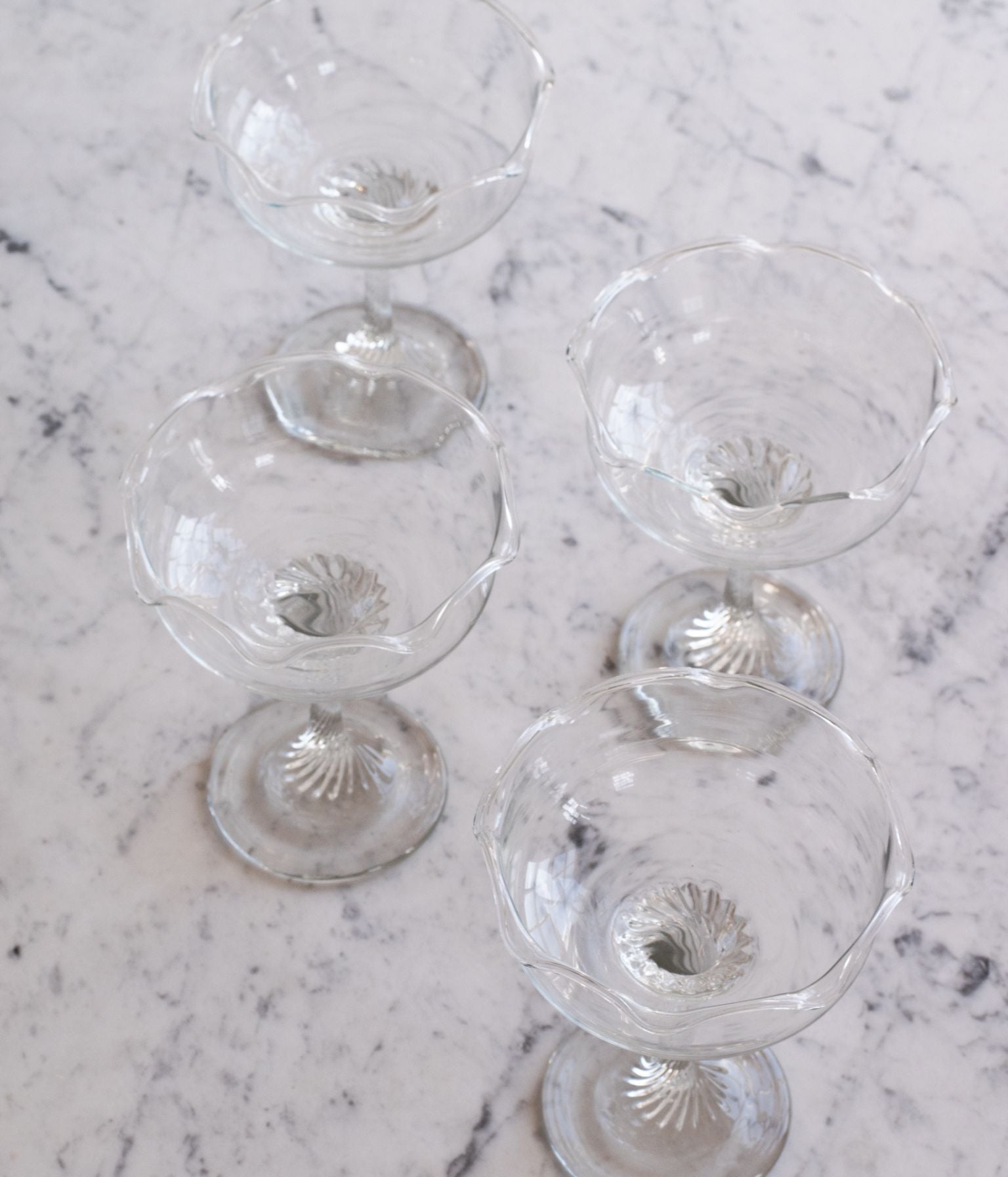 Set of Four Vintage Glass Dessert Coupes with Petal Rim and Twisted Stem