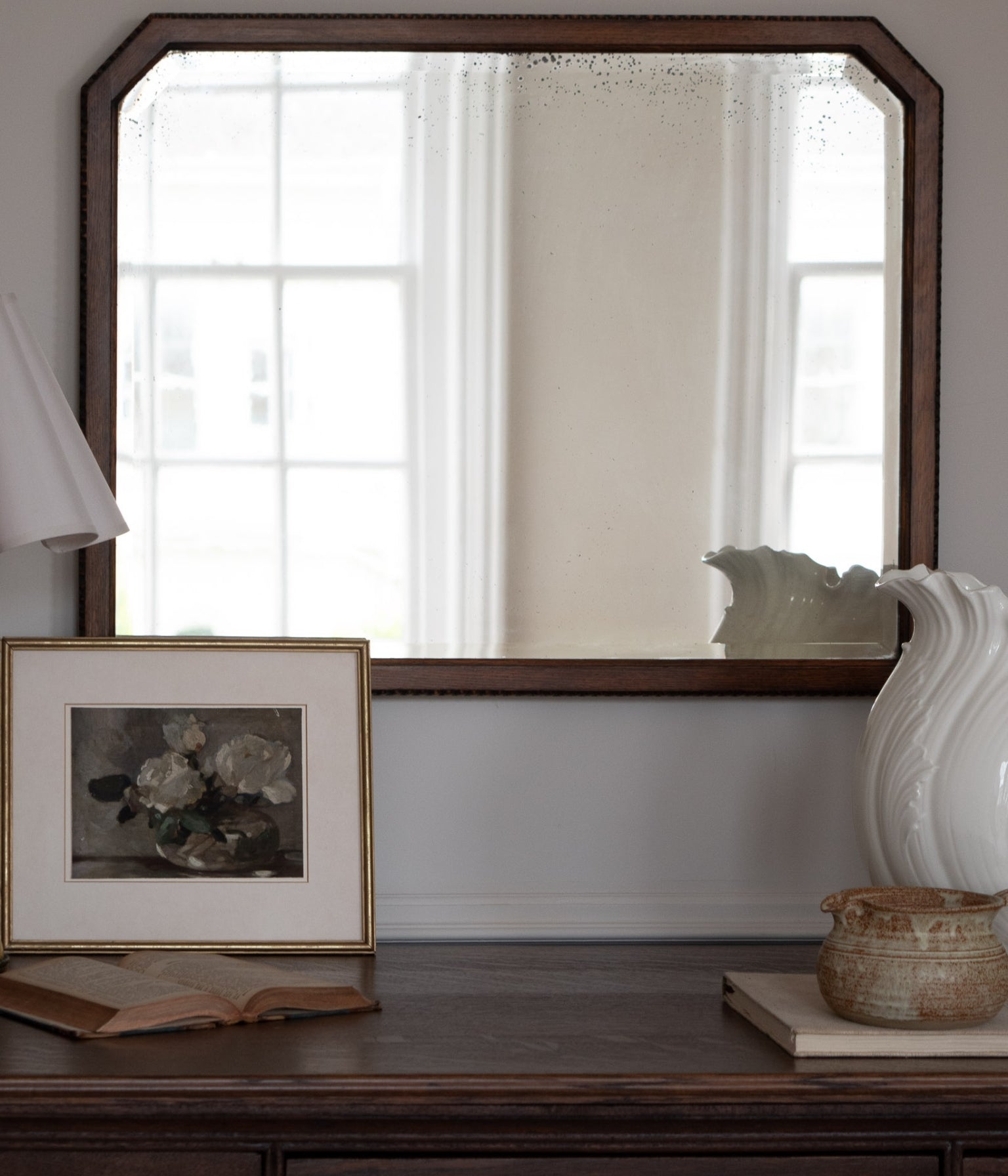Antique Oak Wall Mirror with Chamfered Corners and Bobbin Frame