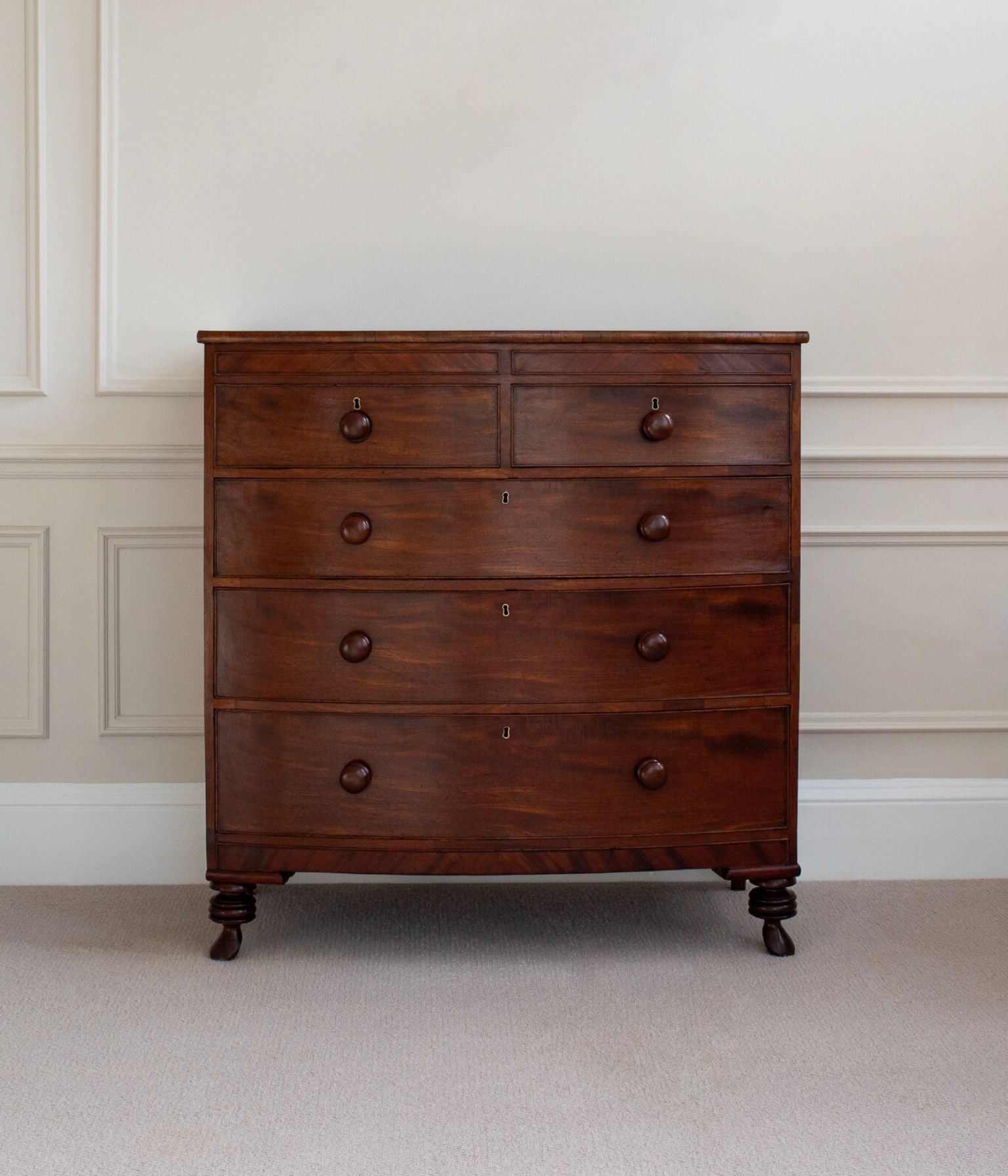 Georgian Mahogany Bow-Front Chest of Drawers with Original Knobs