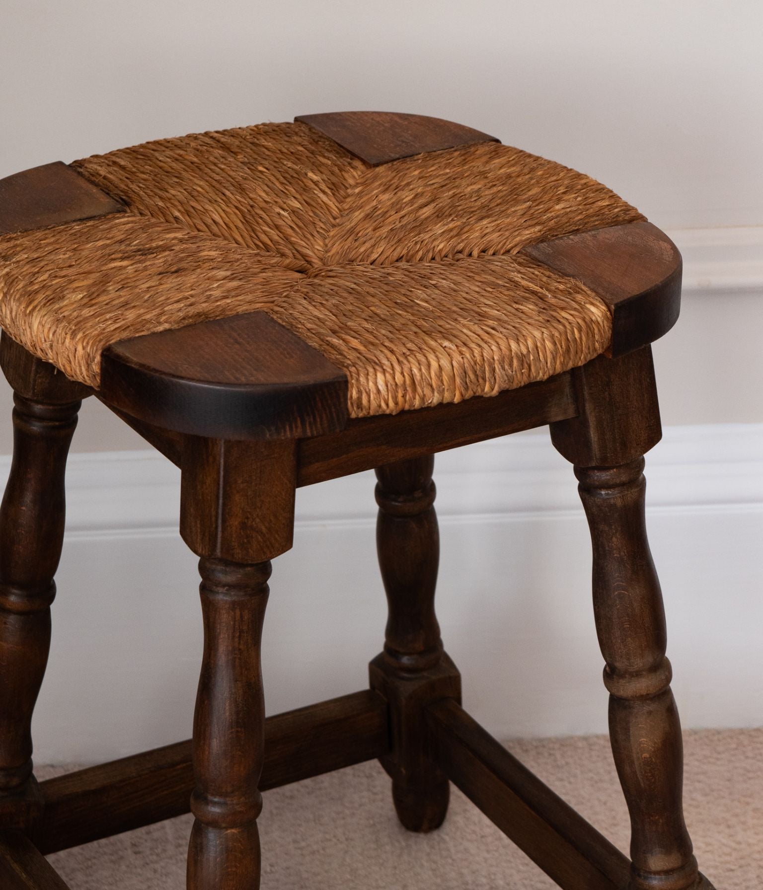 20th Century Beech Rush Seated Stool with Turned Legs