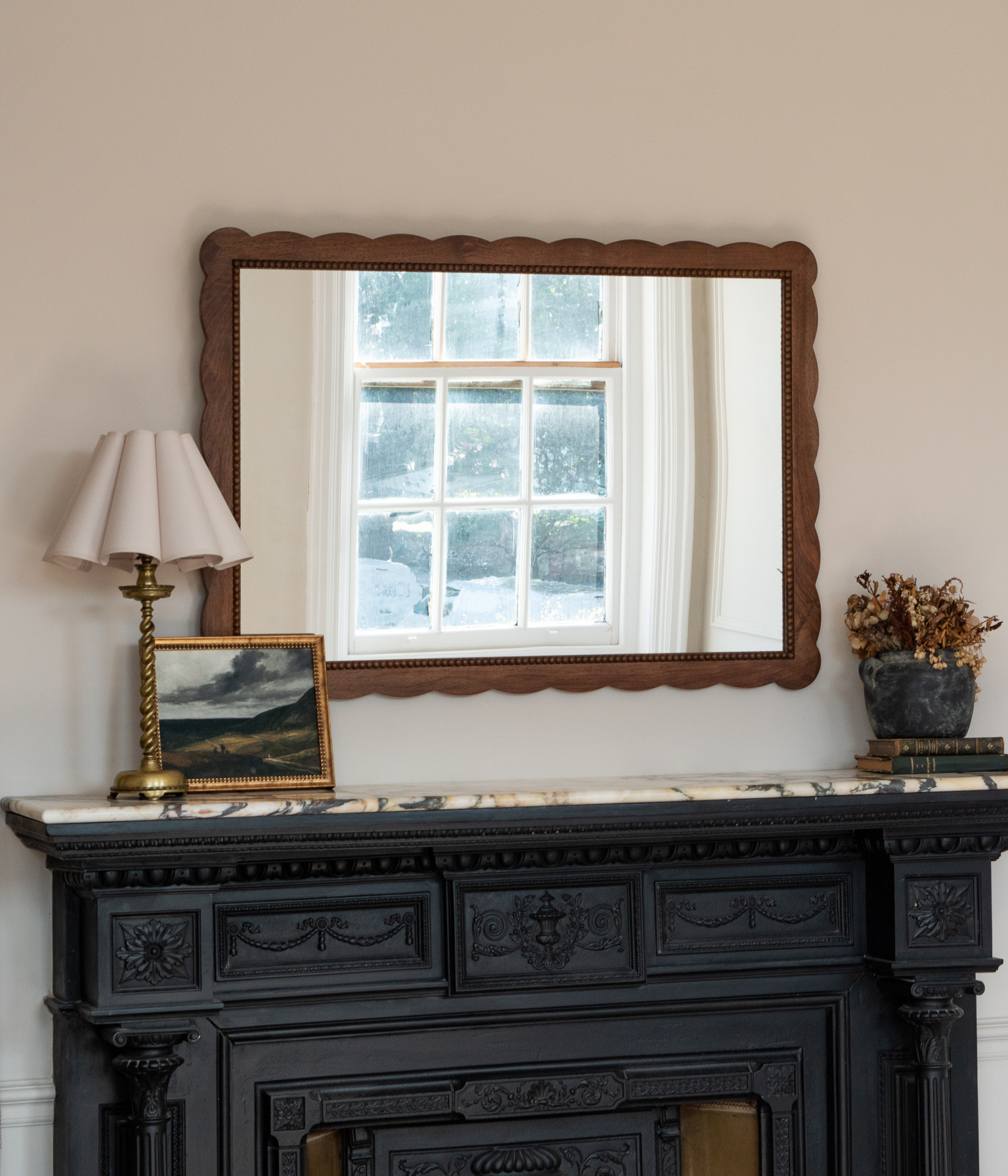 Santiago Scalloped Mirror - Medium Size | Bobbin Trim | English Walnut - Walnut Blend
