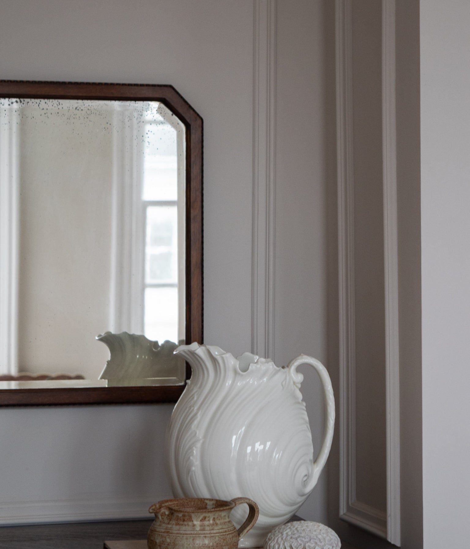 Antique Oak Wall Mirror with Chamfered Corners and Bobbin Frame