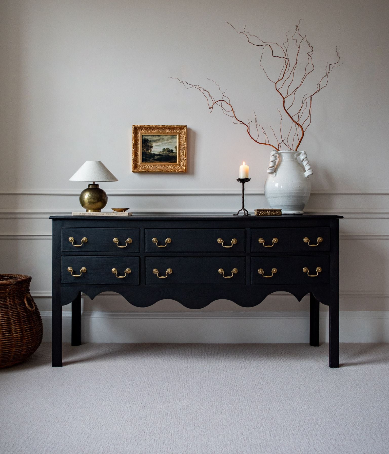 Antique Solid Oak Scalloped Credenza, Ebonised