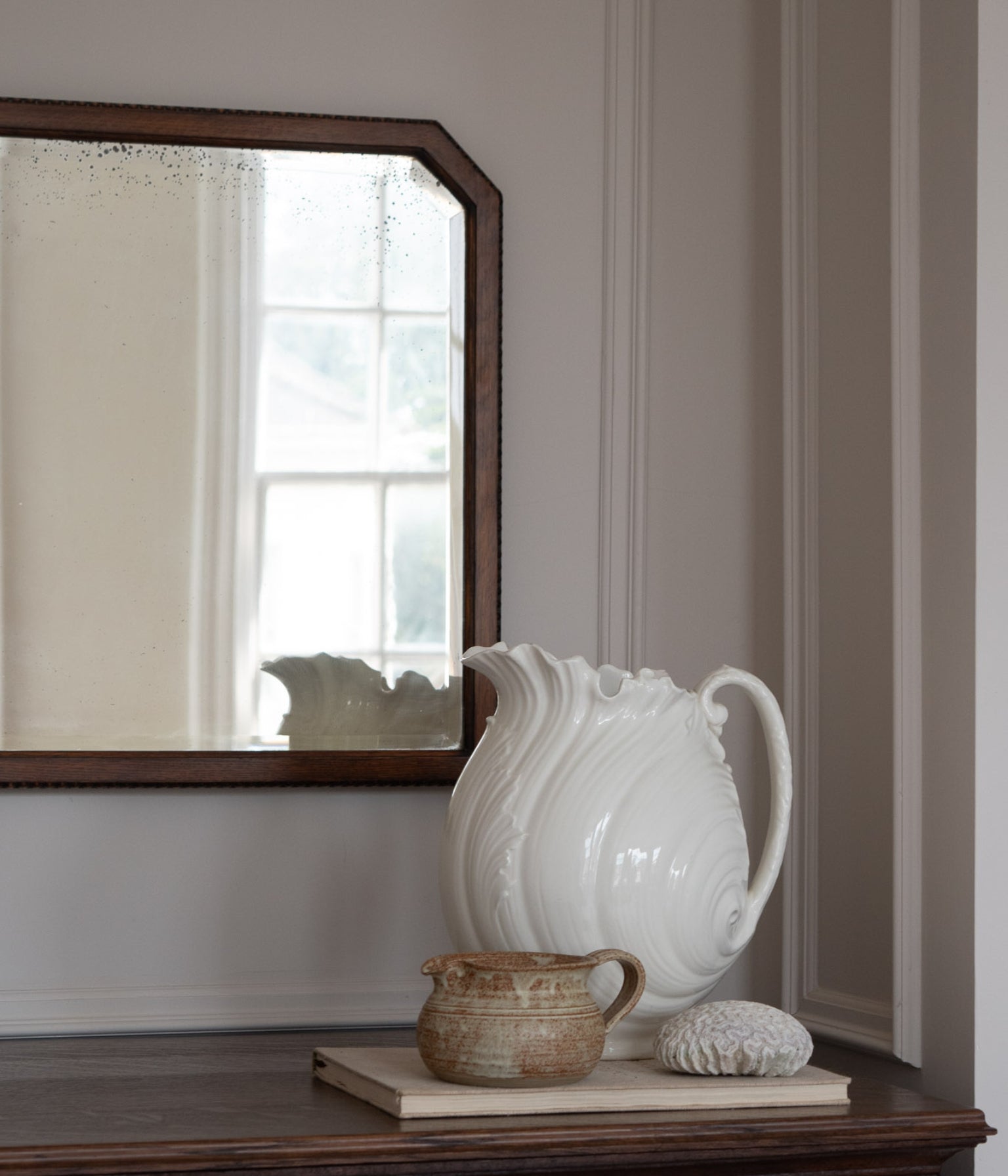 Antique Oak Wall Mirror with Chamfered Corners and Bobbin Frame