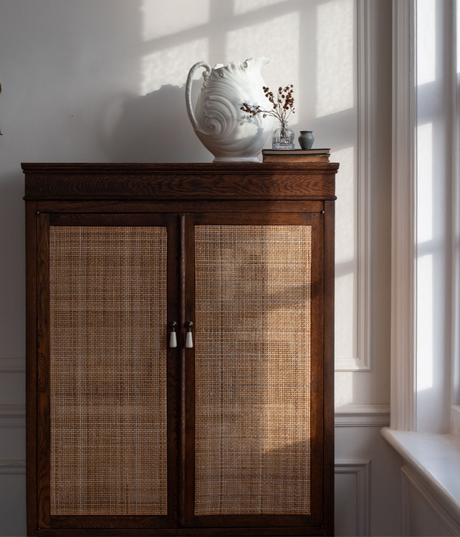 Antique Solid Oak Cabinet In Blend #41 with Hand Woven Cane Doors
