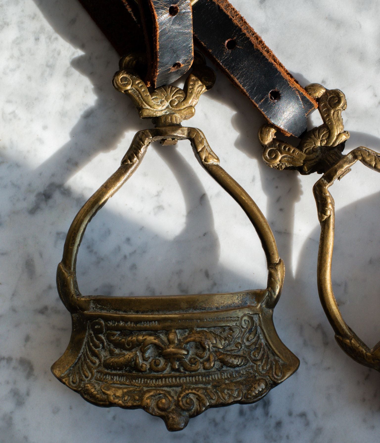 19th Century Pair of Ornate Brass Stirrups with Original Leather Straps