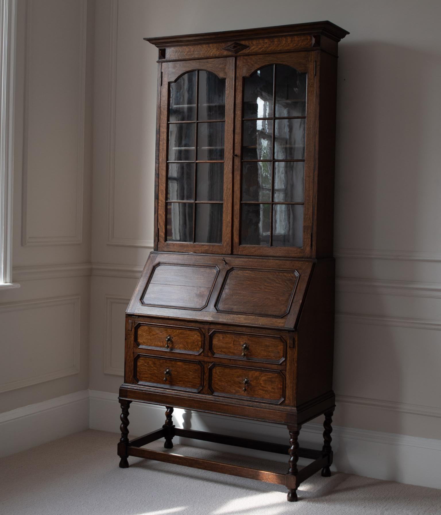 Antique Solid Oak Bureau Bookcase With Glazed Doors