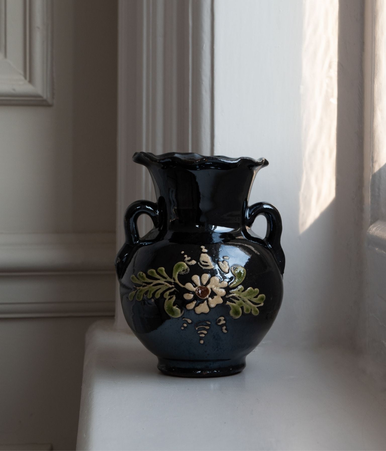 Vintage Black Glazed Folk Vase with Floral Decoration