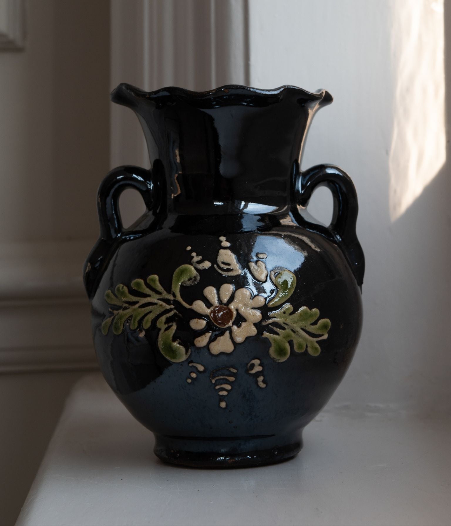 Vintage Black Glazed Folk Vase with Floral Decoration