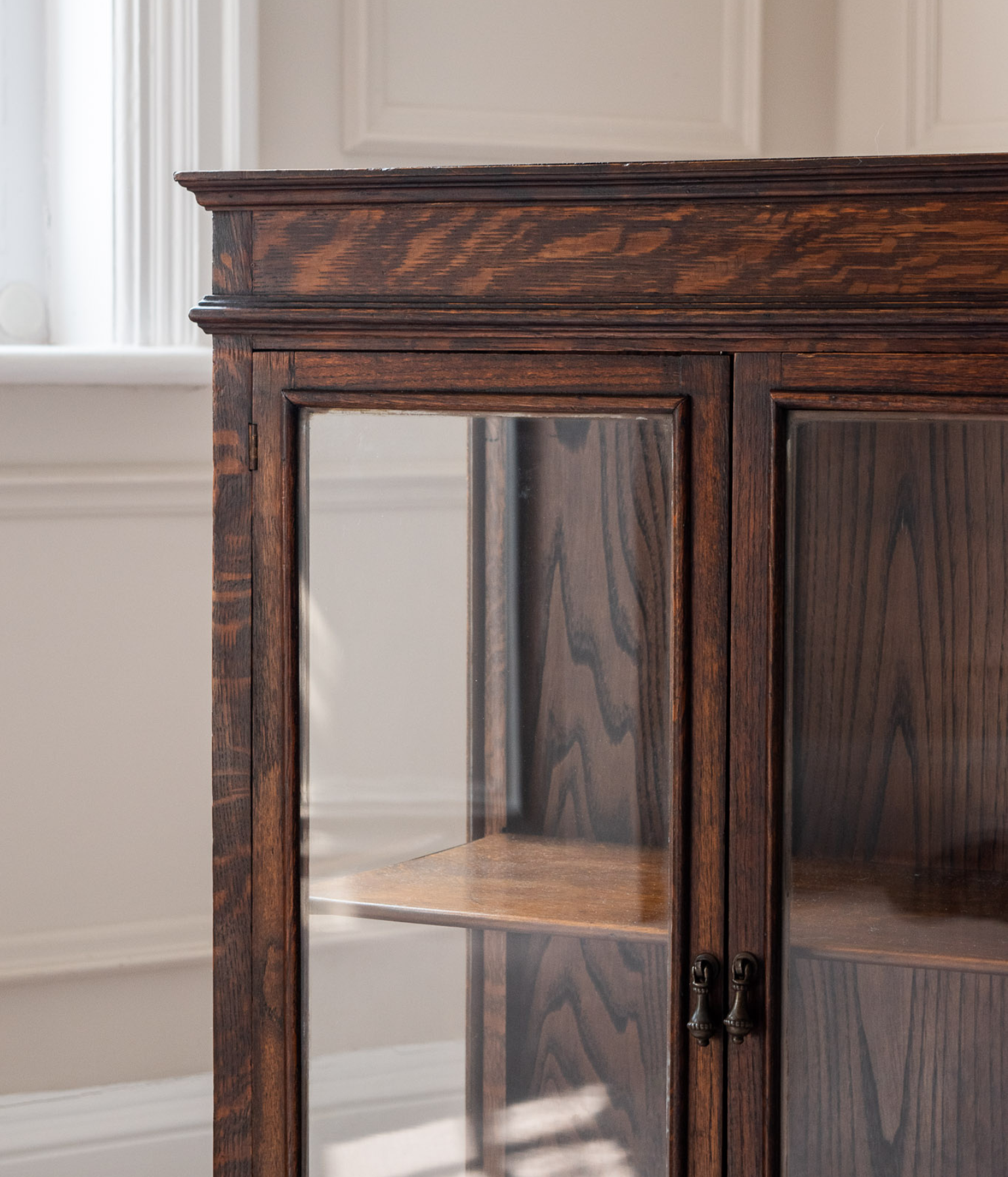 Antique Oak Display Cabinet with Original Glazing and Scalloped Apron