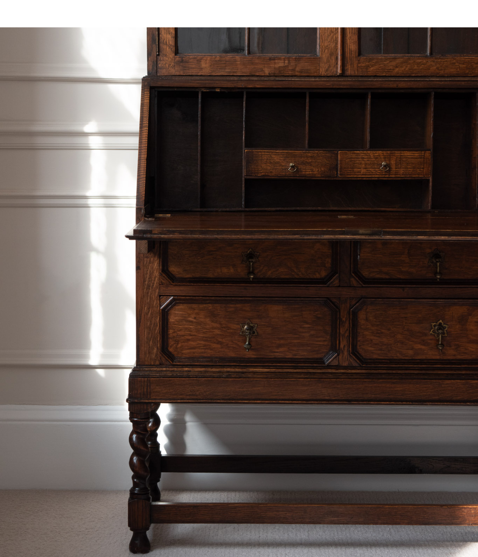 Antique Solid Oak Bureau Bookcase With Glazed Doors