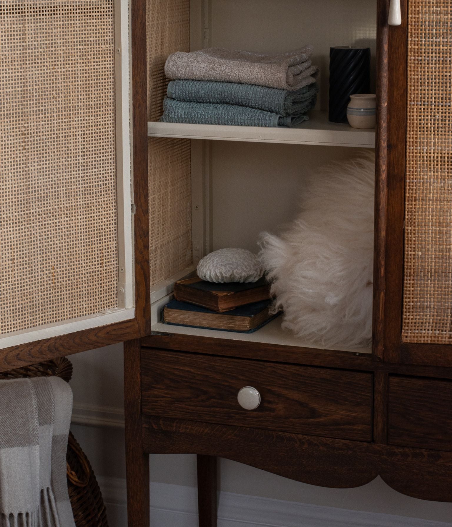 Antique Solid Oak Cabinet In Blend #41 with Hand Woven Cane Doors
