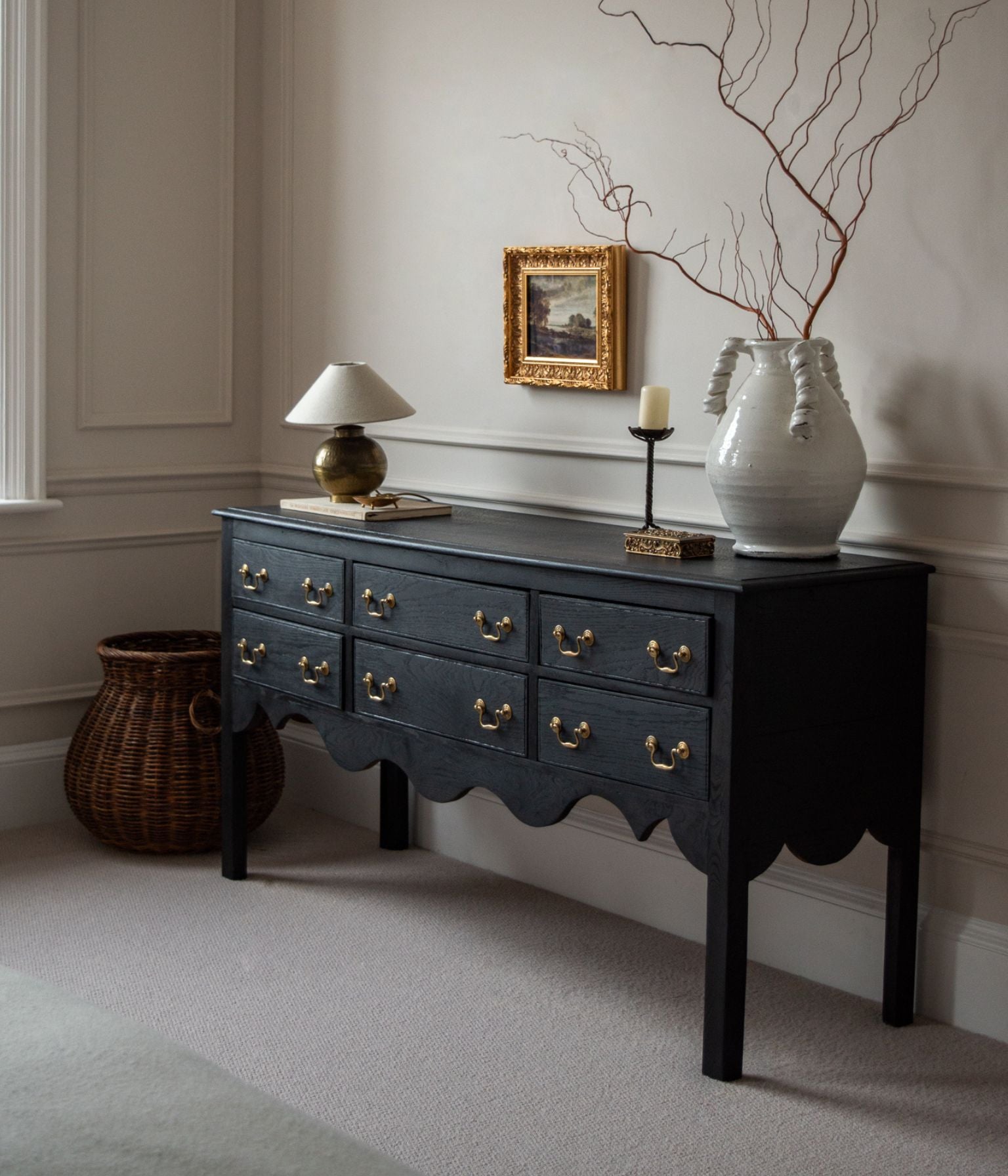 Antique Solid Oak Scalloped Credenza, Ebonised