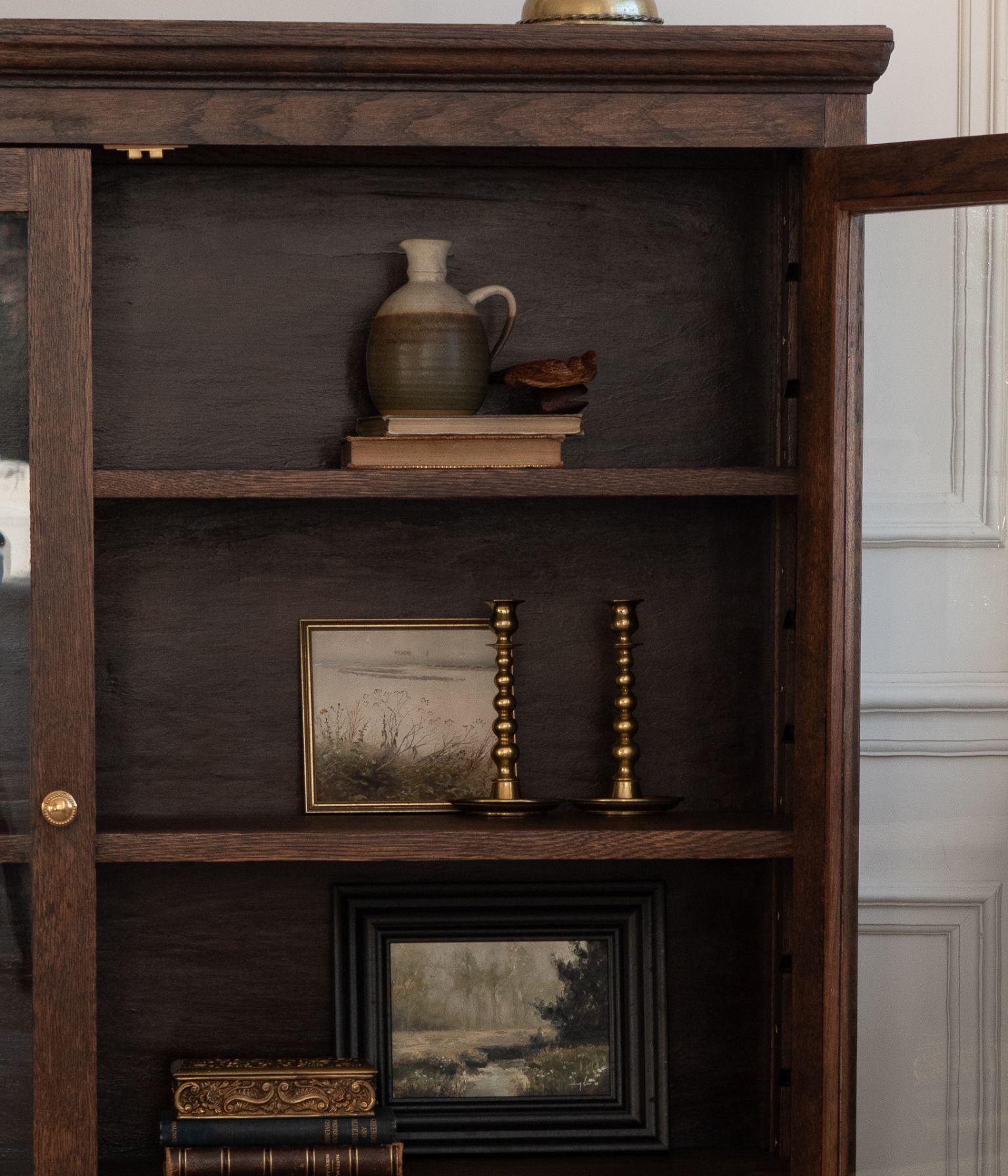 Antique Oak Display Cabinet with Original Glass Doors