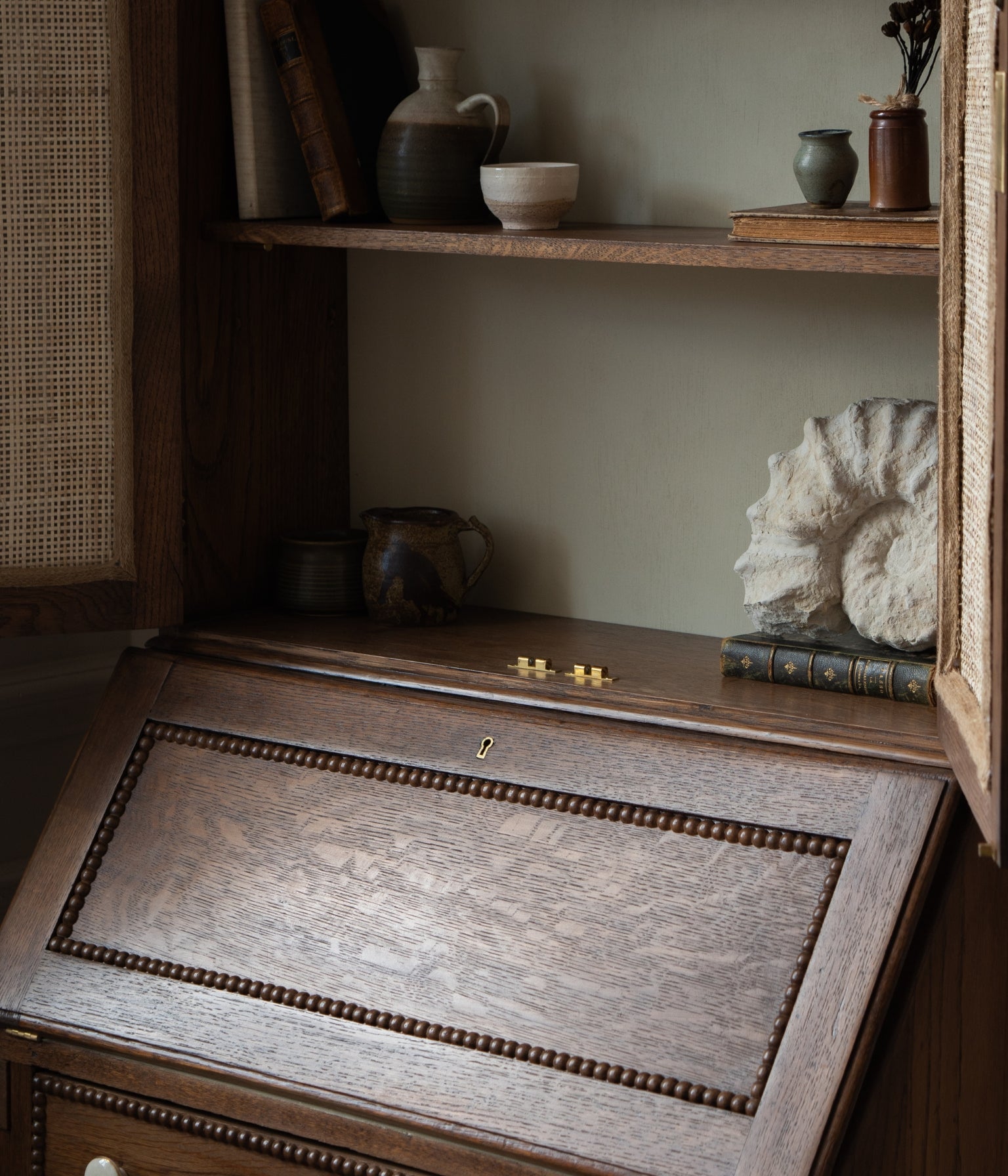 Antique Solid Oak Library Bookcase Bureau with Scalloped Edge, Bobbin Trim & Rattan Doors