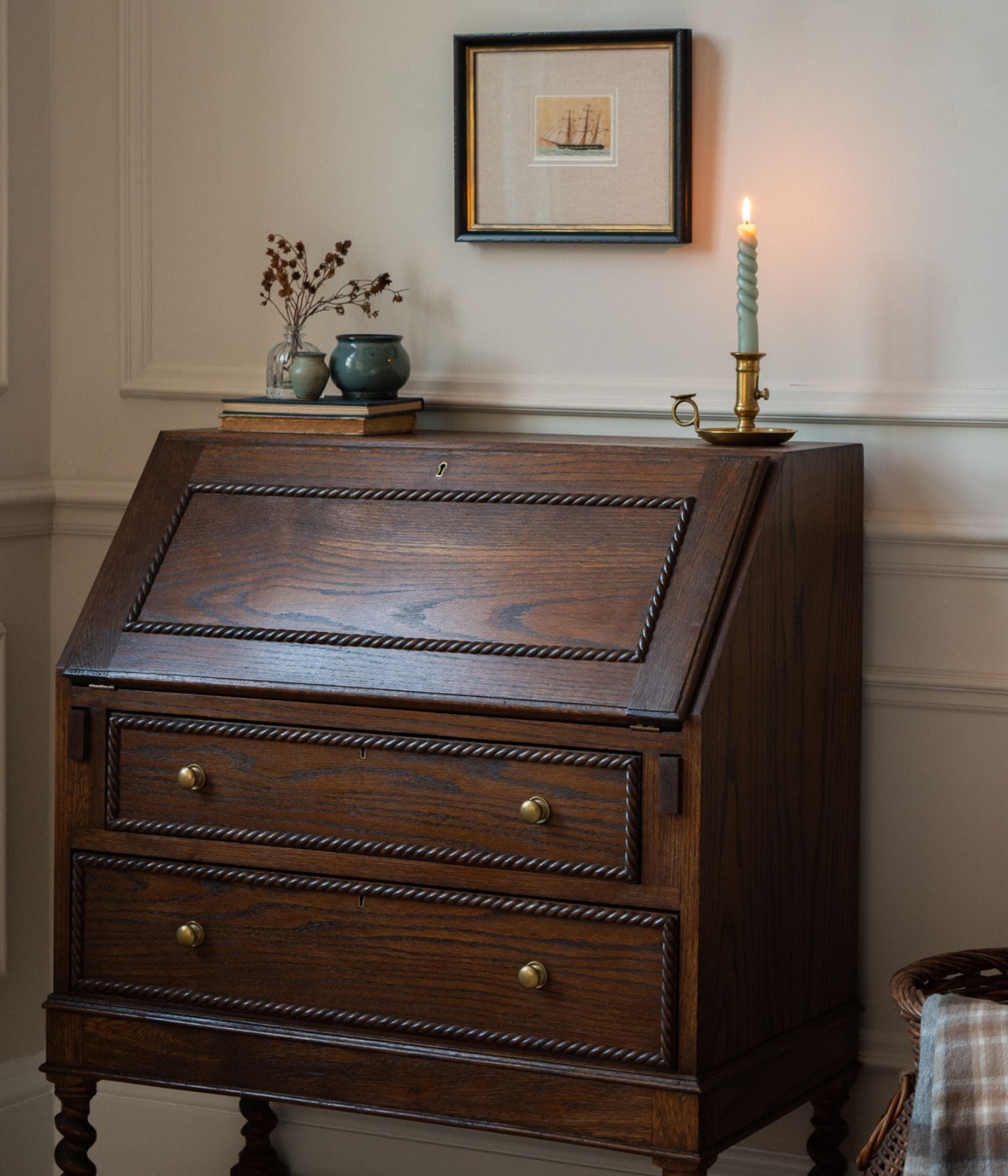 Antique Solid Oak Bureau With Rope Trim In Blend #41