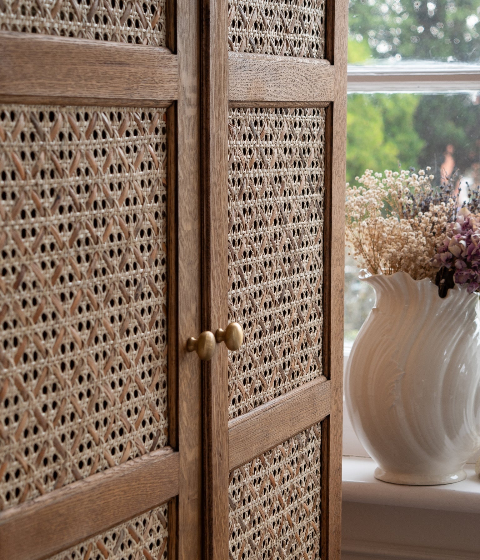 Vintage Oak Arched Wardrobe with Rattan Woven Doors In Blend #21