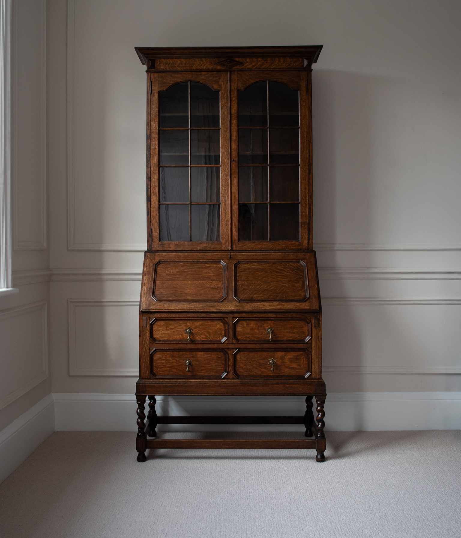 Antique Solid Oak Bureau Bookcase With Glazed Doors