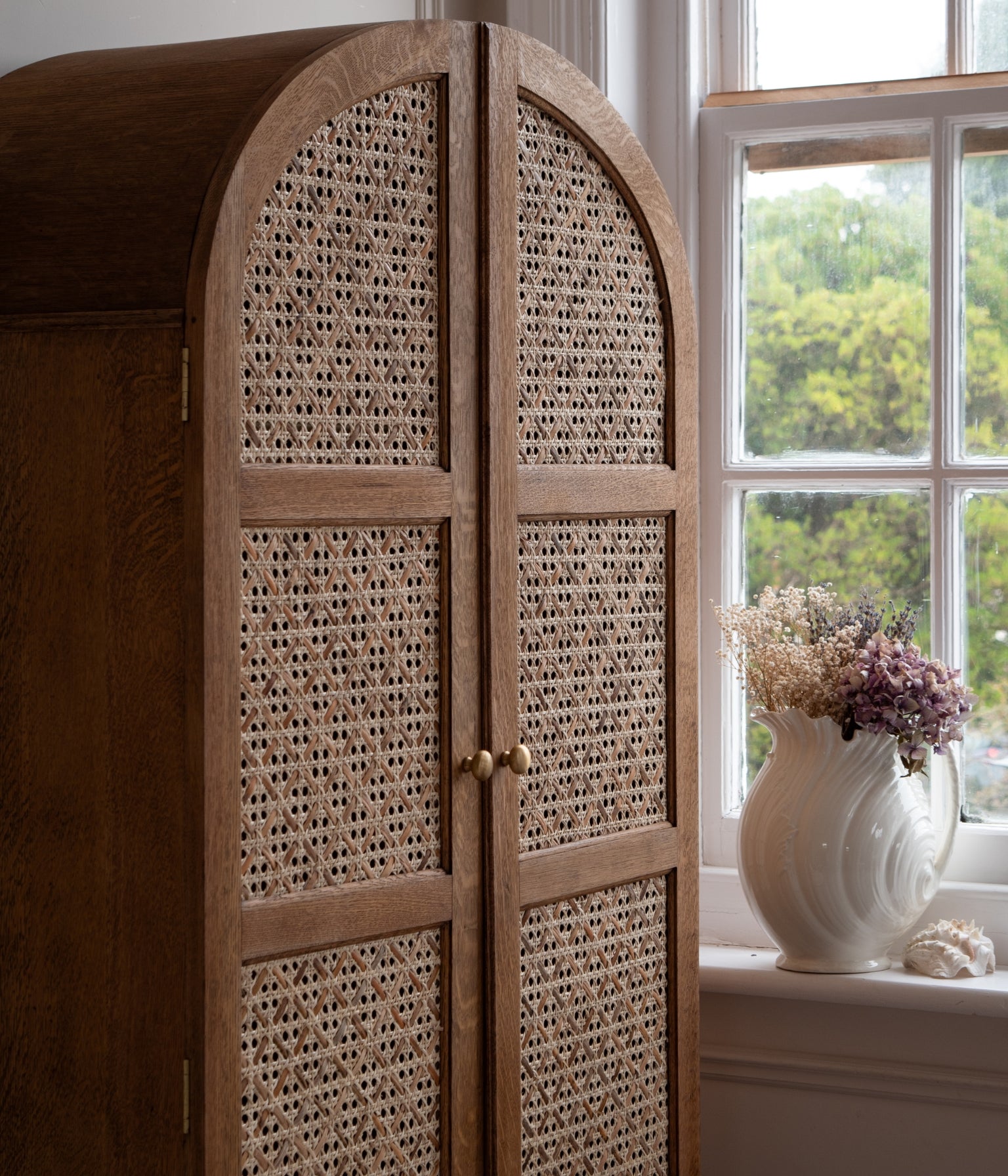 Vintage Oak Arched Wardrobe with Rattan Woven Doors In Blend #21