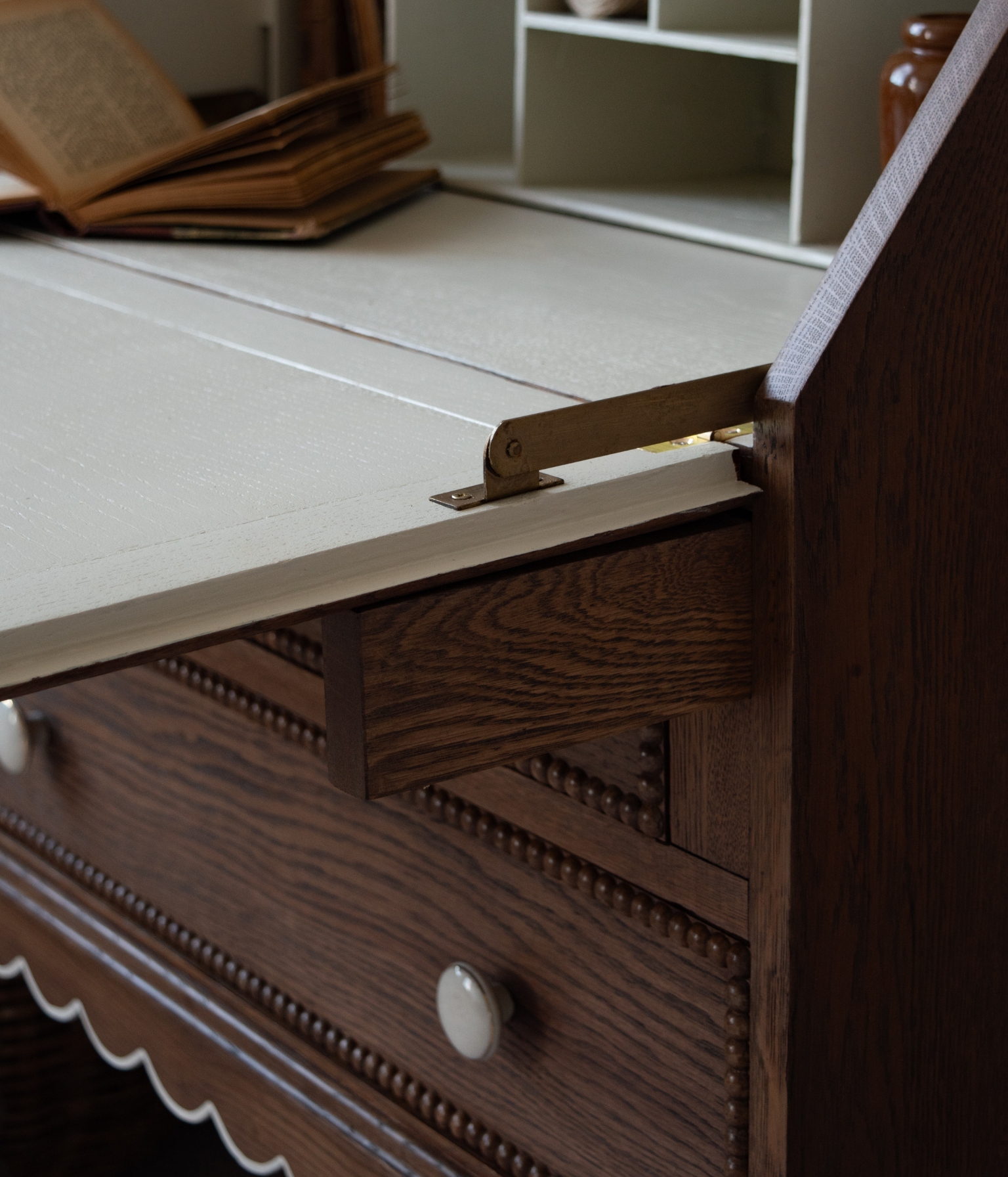 Antique Solid Oak Bureau With A Scalloped Edge & Bobbin Trim