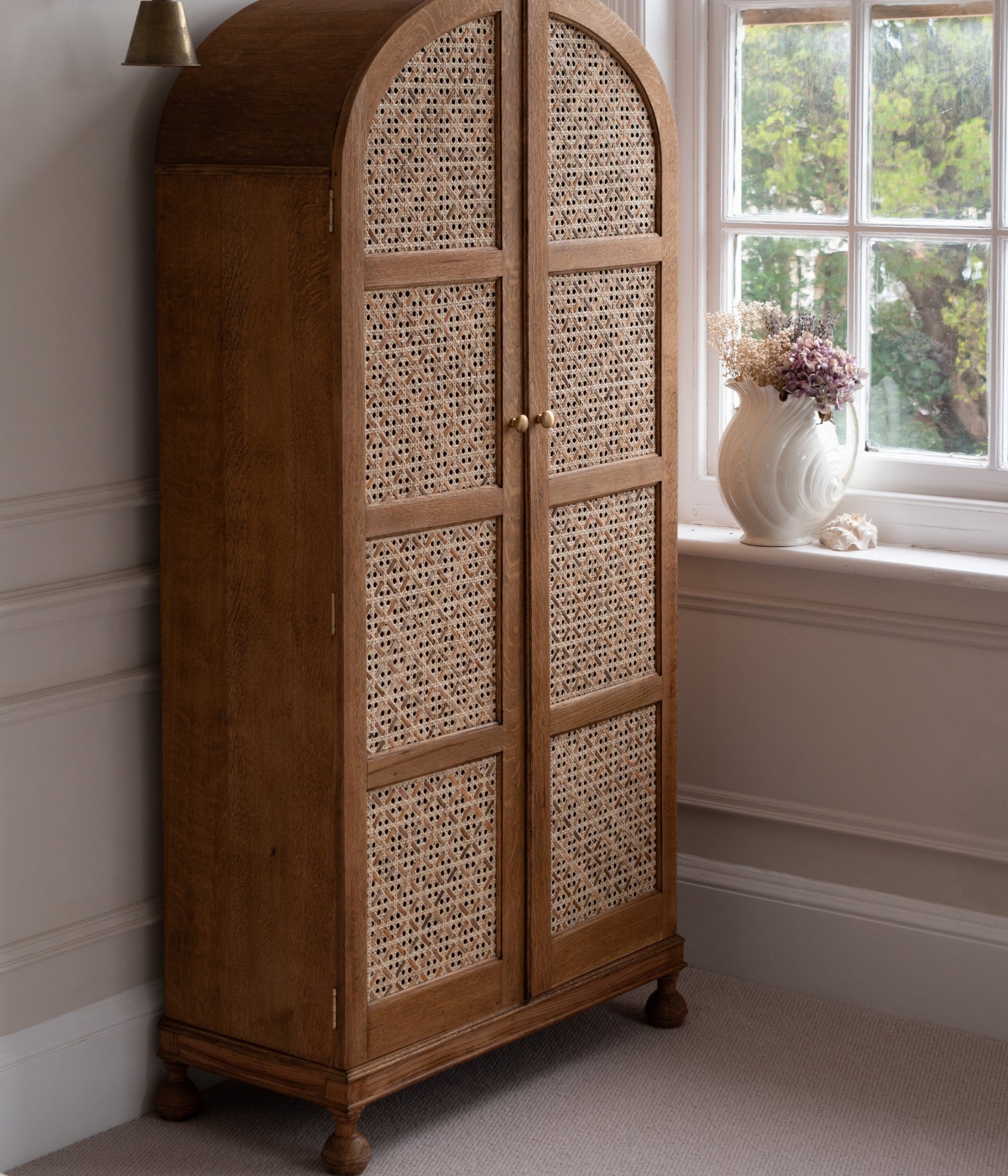 Vintage Oak Arched Wardrobe with Rattan Woven Doors In Blend #21