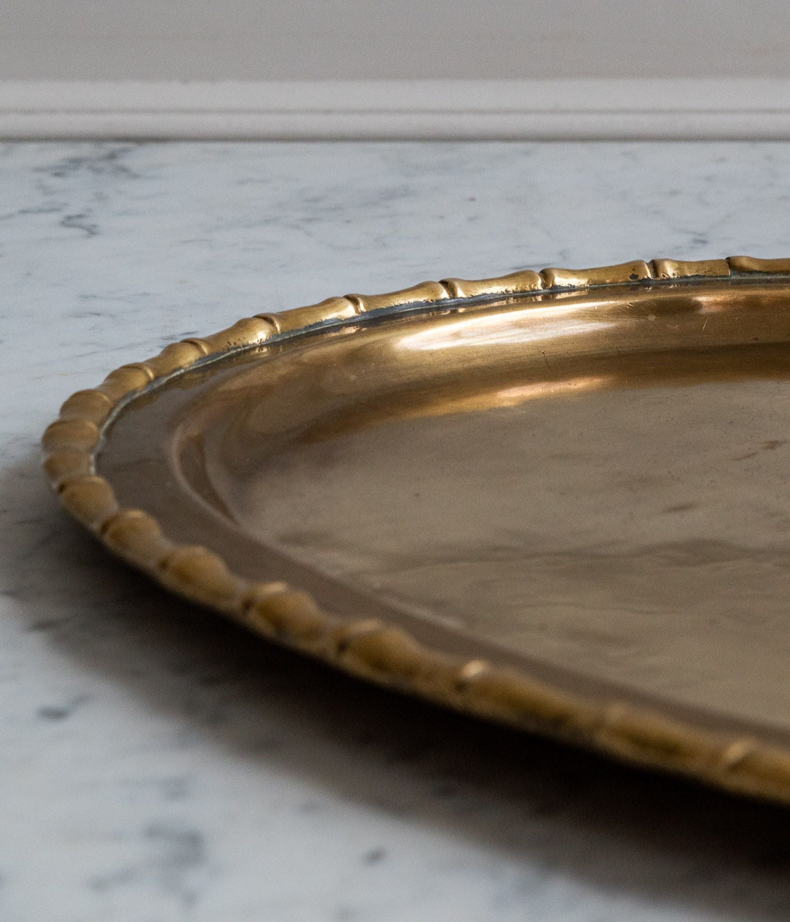Mid-20th-Century Cast Brass Oval Tray with Bamboo-Moulded Rim
