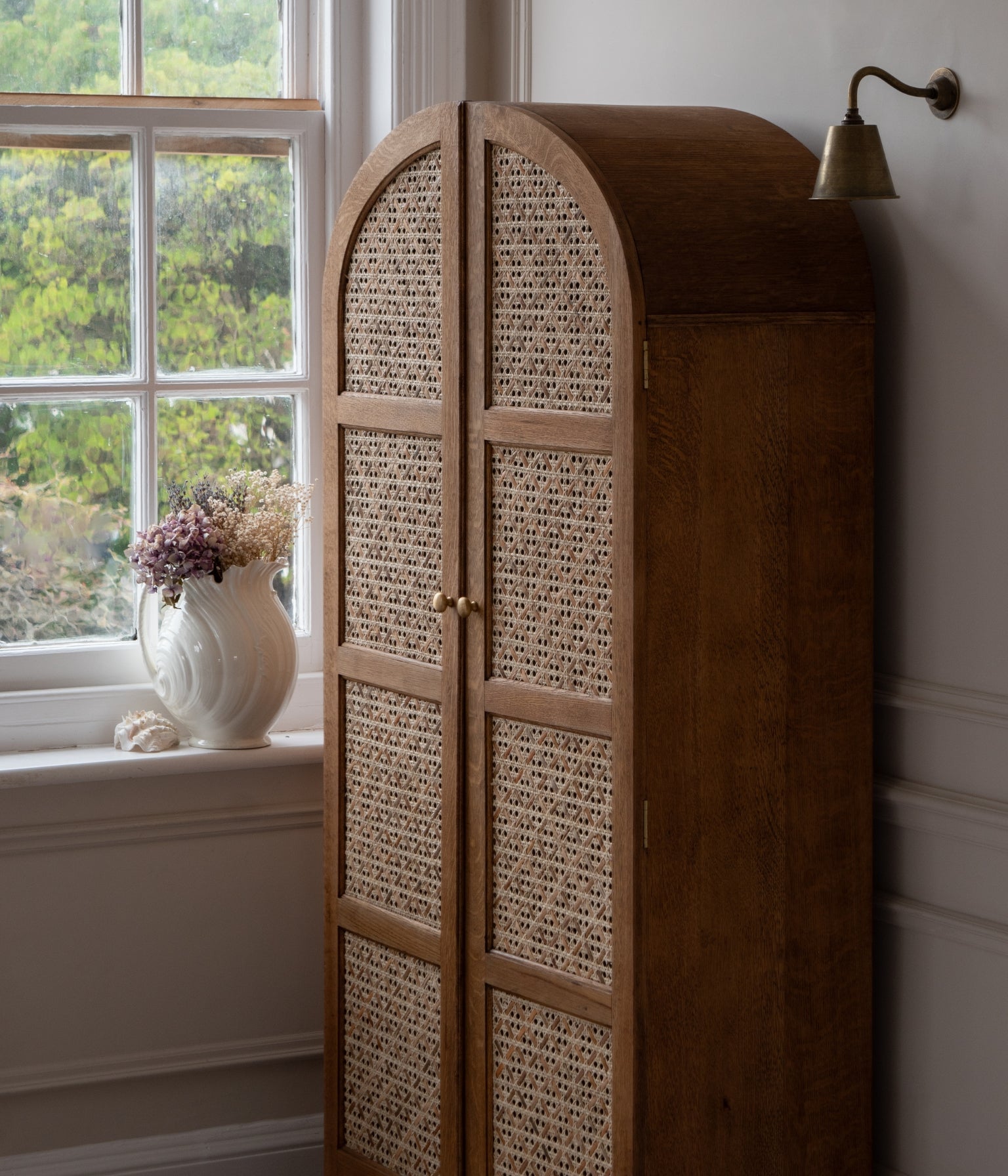 Vintage Oak Arched Wardrobe with Rattan Woven Doors In Blend #21