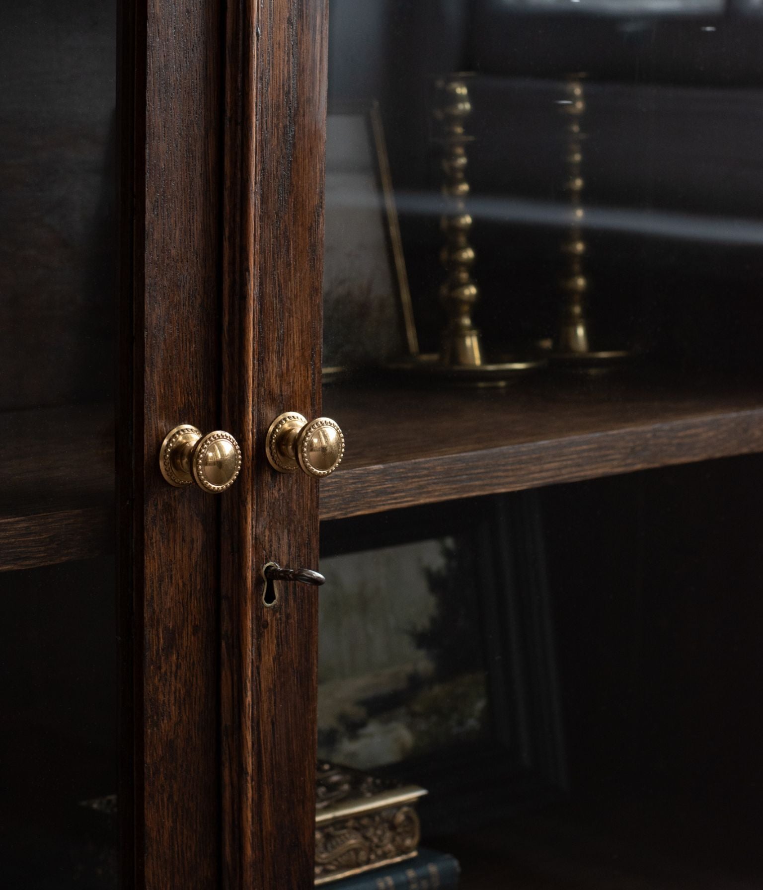 Antique Oak Display Cabinet with Original Glass Doors