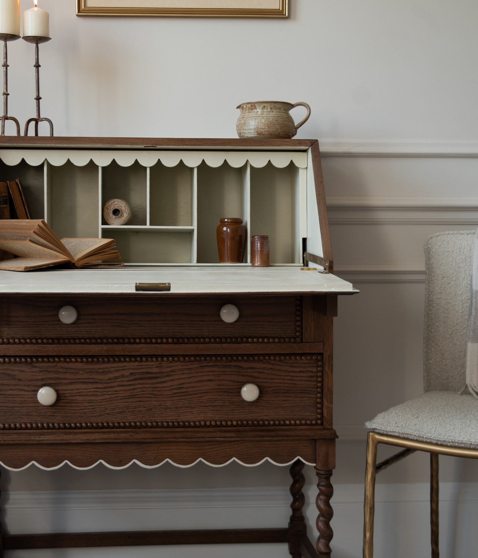 Antique Solid Oak Bureau With A Scalloped Edge & Bobbin Trim