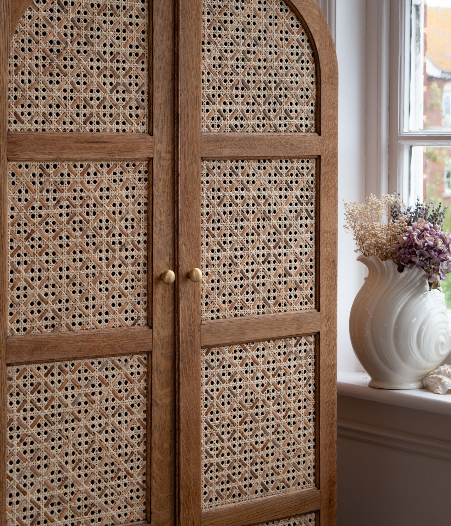 Vintage Oak Arched Wardrobe with Rattan Woven Doors In Blend #21